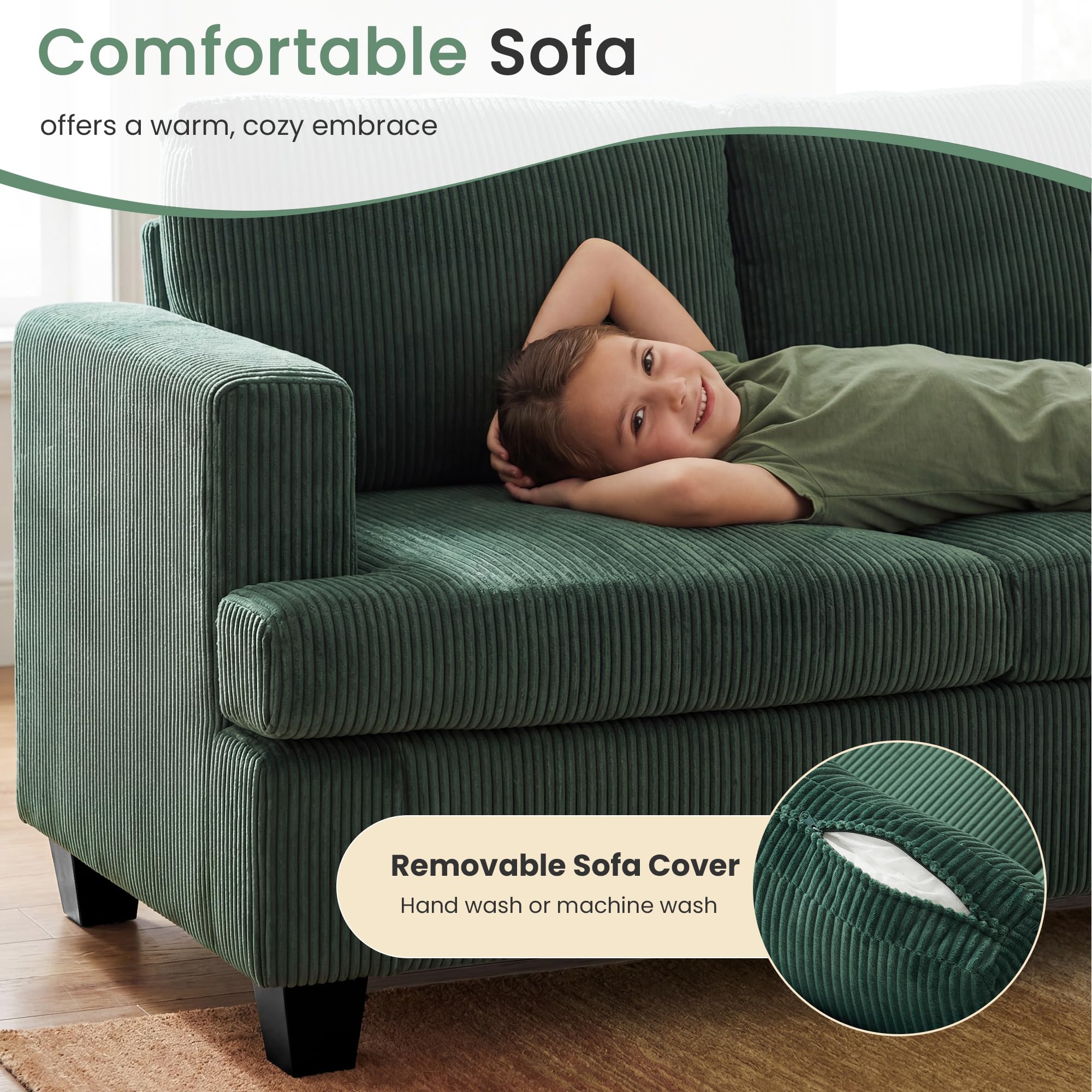 YOUDENOVA 2 Piece Set Comfy Sofa Couch, Loveseat Sofa * 2 with Deep Seats, Modern Sleeper Couch for Living Room, Black Corduroy