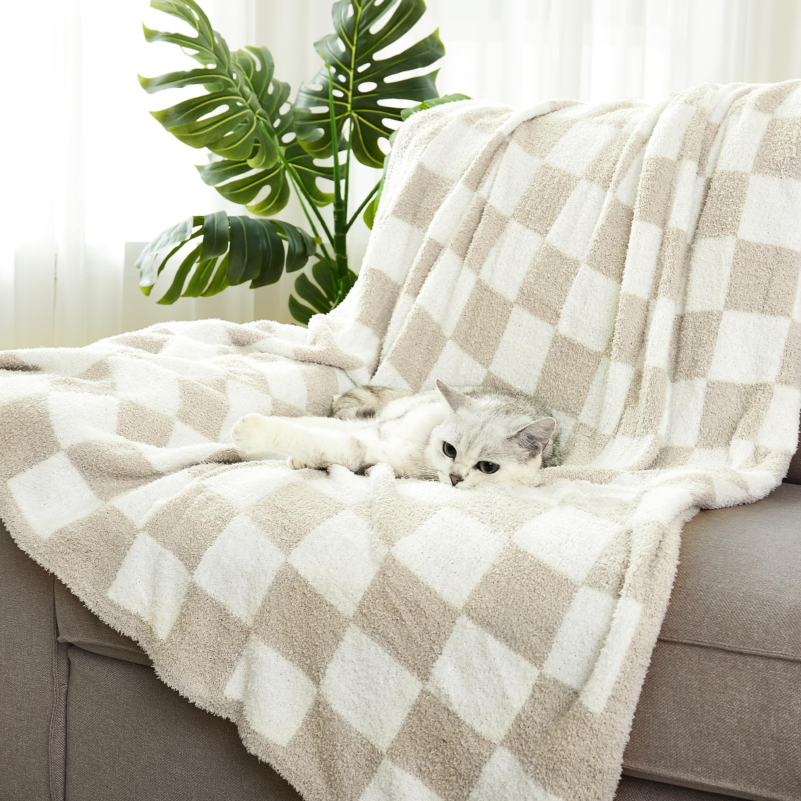Checkered Throw Blanket, Black Soft Cozy Fluffy Knitted Throw Blankets for Couch, Sofa, Bed, Chair, Warm Fuzzy Travel Picnic Lightweight Plaid Blanket, 50x70 inches