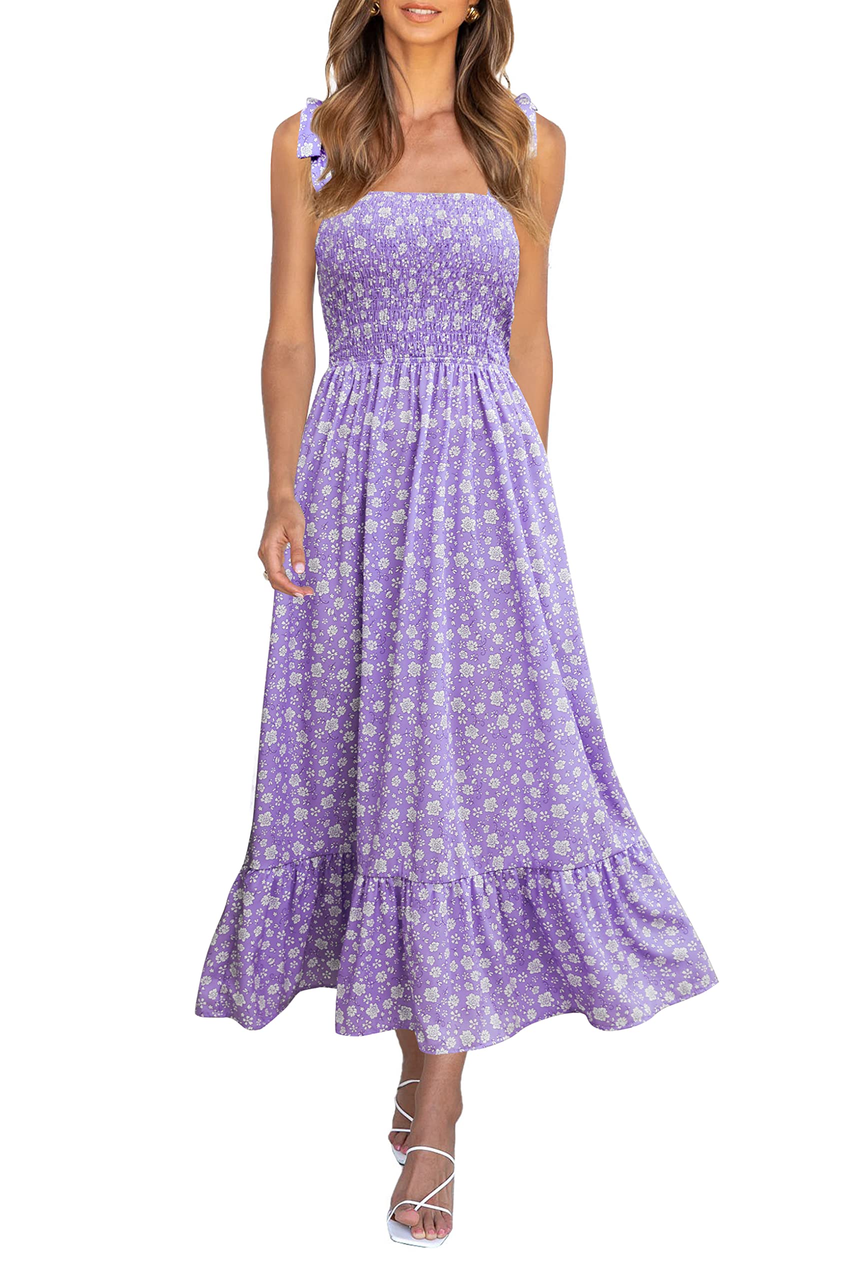 Imily Bela Womens Summer Floral Maxi Dress Boho Tie Strap Sleeveless Smocked A Line Beach Sundress Long Dresses