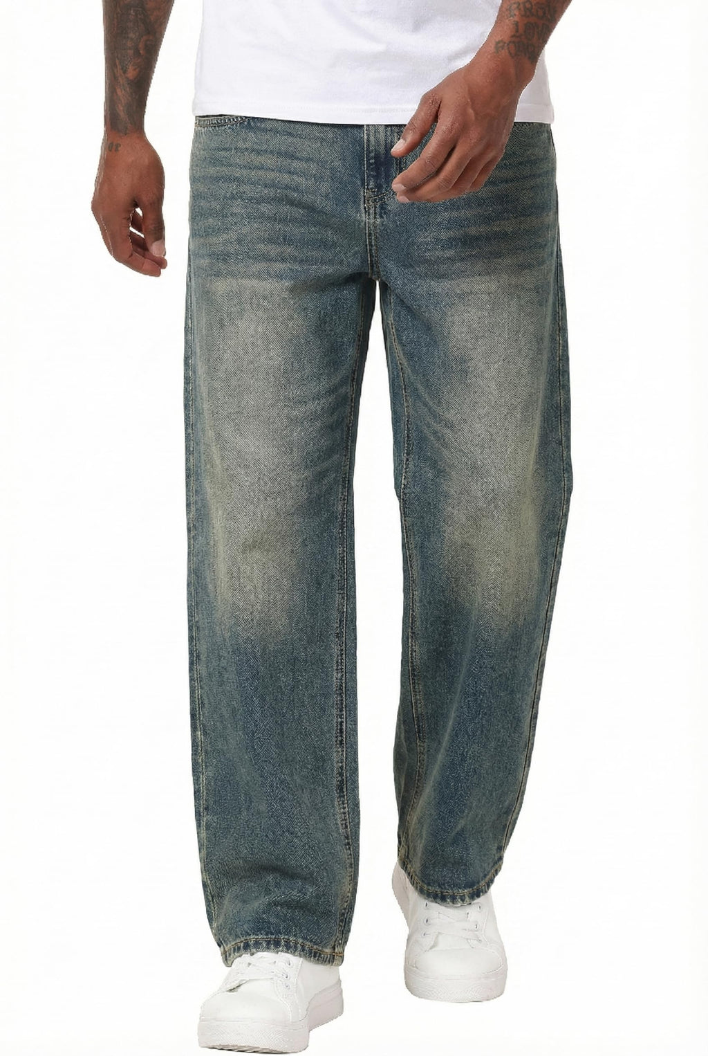 MZNBURAM Men's Non-Stretch Loose Fit Wide-Leg Baggy Jeans Pants