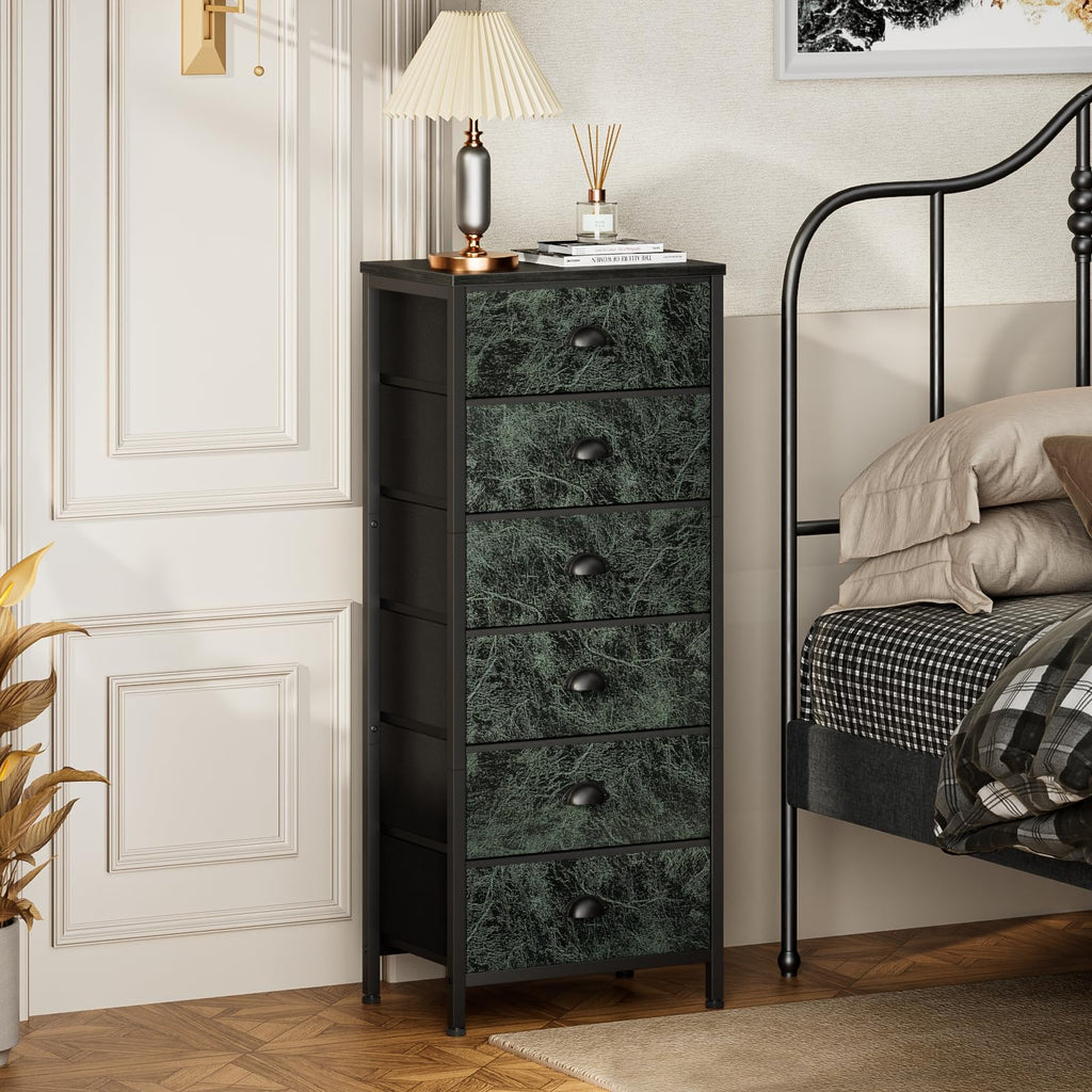 Furnulem Tall Dresser with 6 Drawers,Vertical Bedside End Table & Chest for Bedroom,Black Storage Tower Dorm Nightstand with Fabric Drawer Organizer Unit Furniture in Living Room,Closet,Hallyway