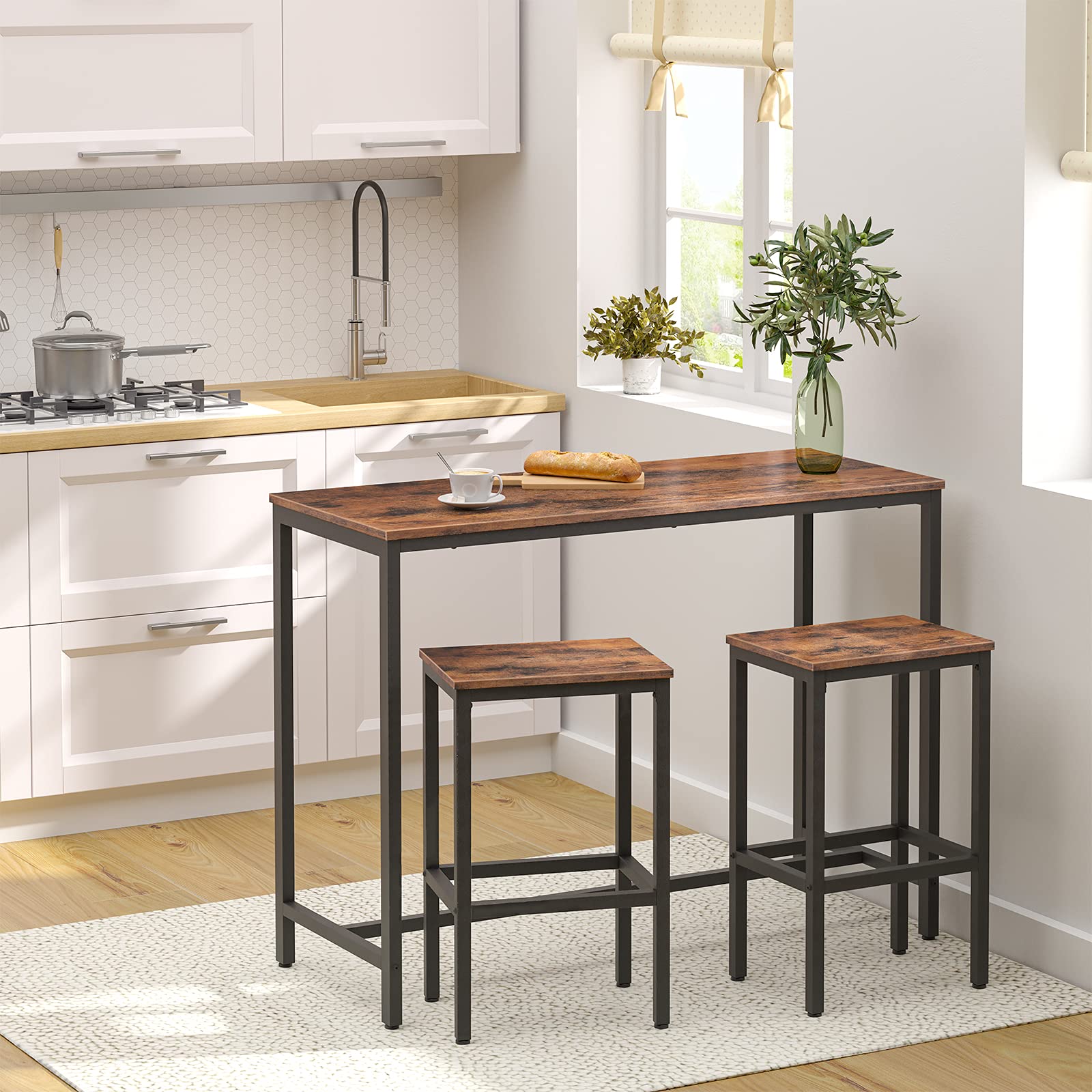 Rectangular Pub Bar Table & Stools Set, 3-Piece Breakfast Table, Grey, HOOBRO