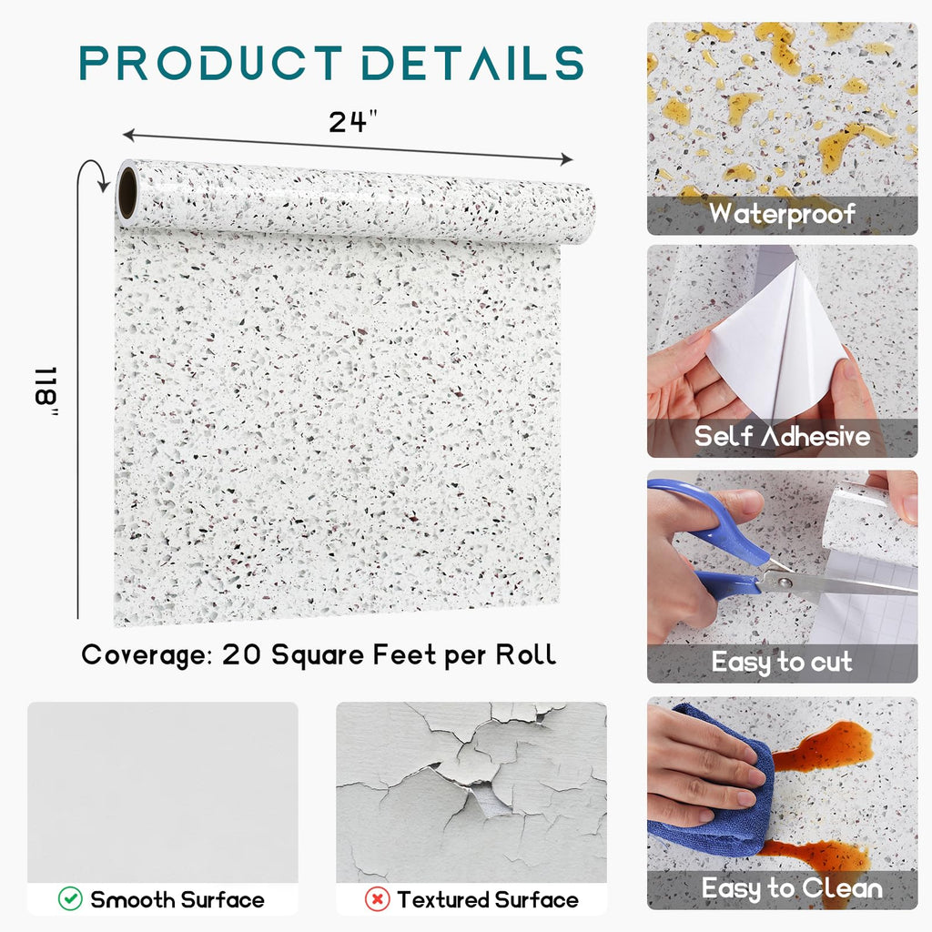 VEELIKE 15.7''x118'' Granite Contact Paper for Countertops Waterproof Self Adhesive Granite Wallpaper Peel and Stick Countertops for Kitchen Bathroom Counter Top Removable Decorative Vinyl Film