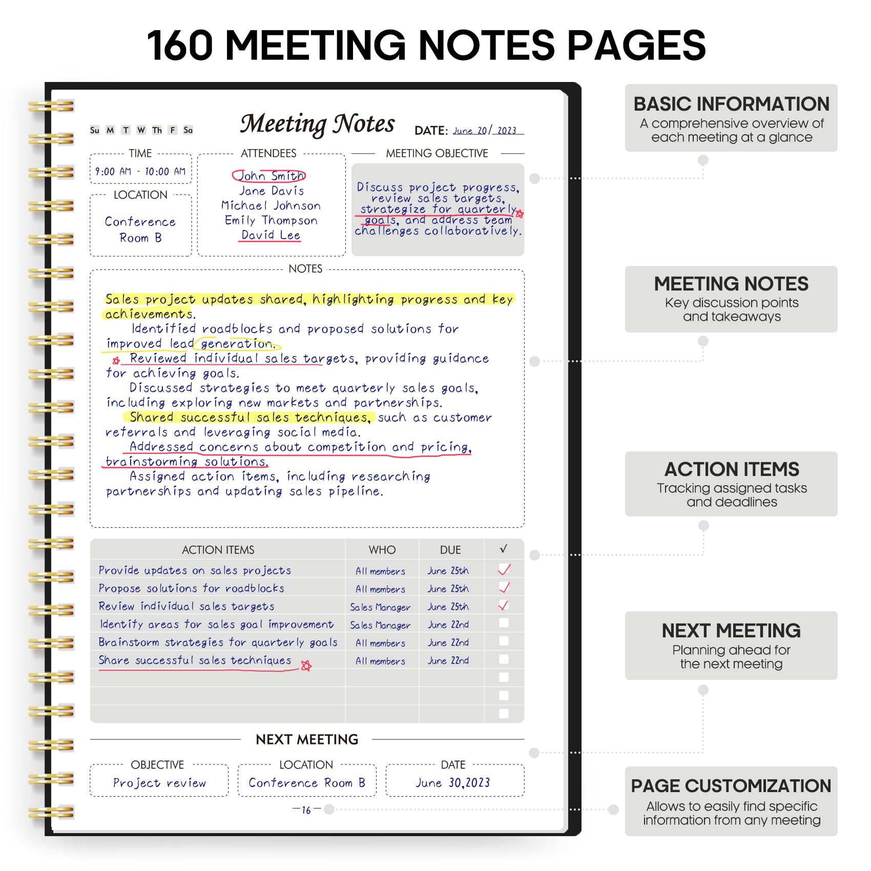 Meeting Notebook for Work Organization - Work Planner Notebook with Action Items, Agenda Planner for Note Taking, 160 Pages (6.9" X 9.9") Project Organizer for Men & Women - Pink