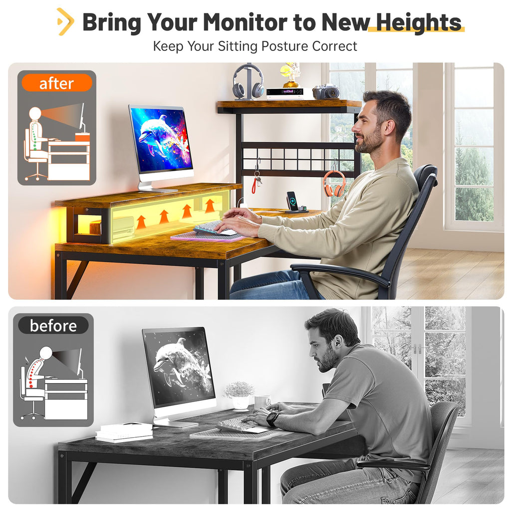 EnHomee 40" Gaming Desk with Power Outlets & LED Lights, Computer Desk with Drawer & Storage Shelve, Home Office Desk with Monitor Stand for Living Room, Study Room, Gaming Room, Black