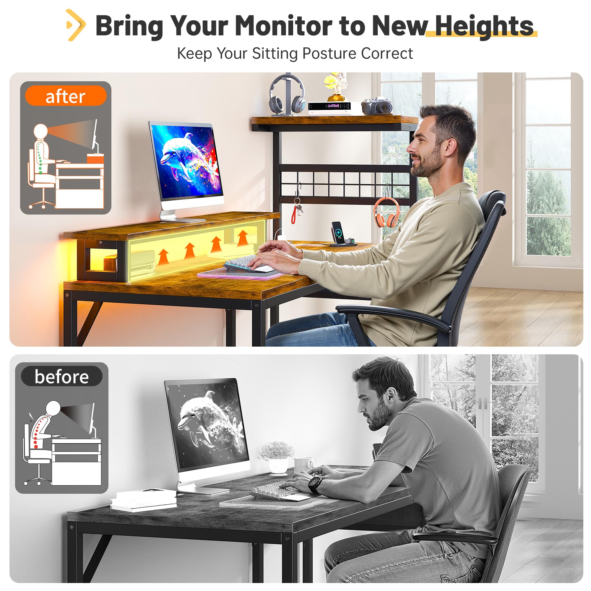 EnHomee 40" Gaming Desk with Power Outlets & LED Lights, Computer Desk with Drawer & Storage Shelve, Home Office Desk with Monitor Stand for Living Room, Study Room, Gaming Room, Black