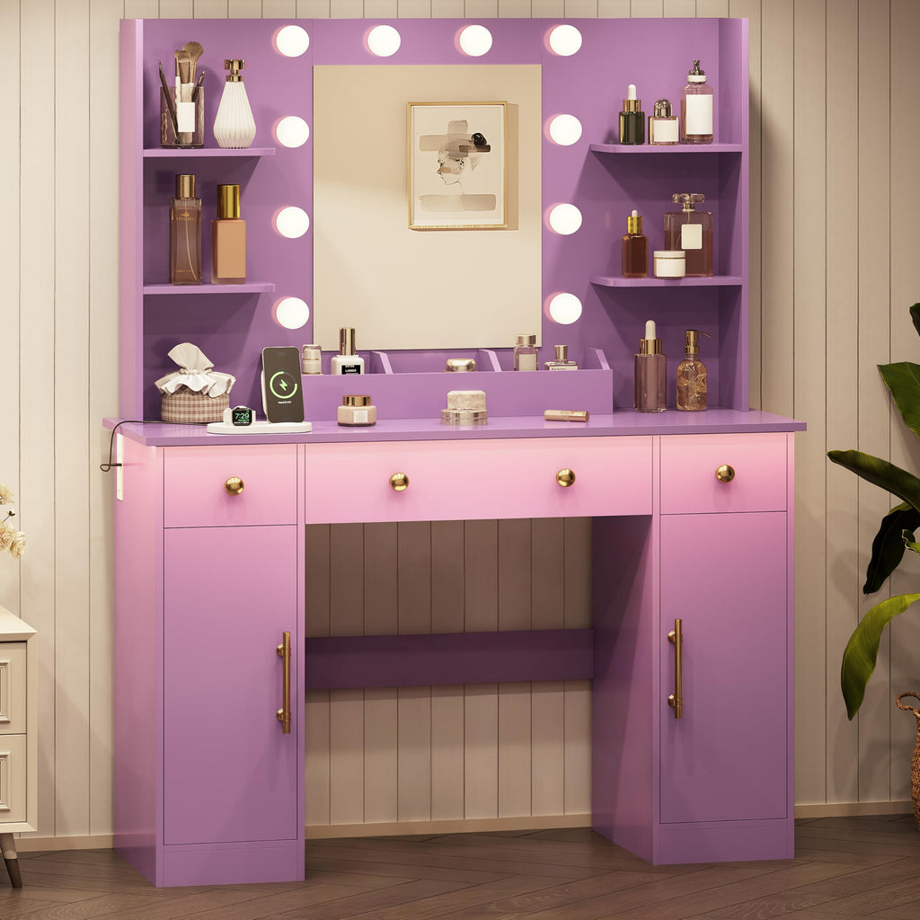 HUANLEGO Vanity Desk with Mirror and Lights, Makeup Vanity with Mirror and LED Lights & Power Outlet, 3 Drawers and Cabinets, 3 Lighting Modes Dressing Table Set for Girls Women Bedroom,Oak