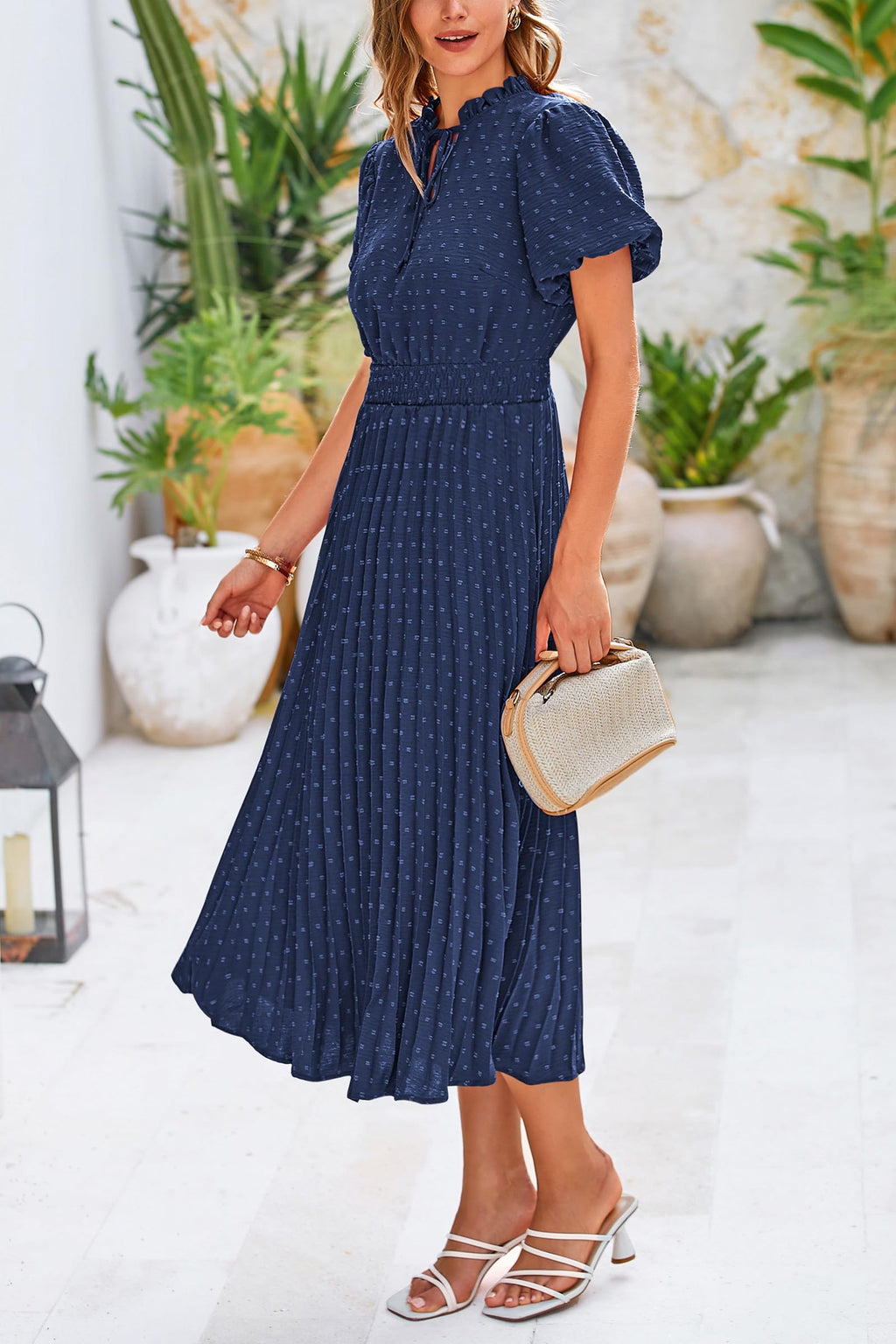PRETTYGARDEN Womens Summer Midi Dresses Puff Short Sleeve V Neck Swiss Dot Pleated A Line Flowy Long Wedding Guest Dress