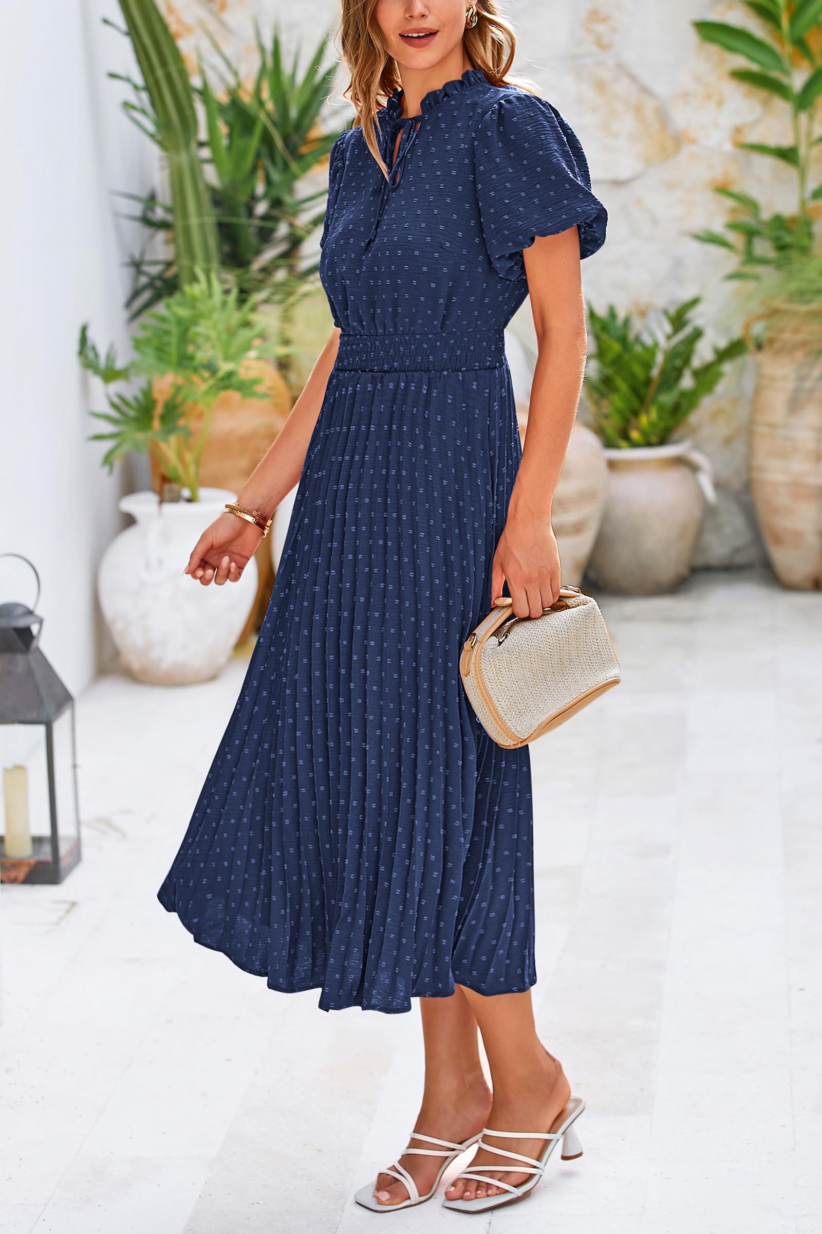 PRETTYGARDEN Womens Summer Midi Dresses Puff Short Sleeve V Neck Swiss Dot Pleated A Line Flowy Long Wedding Guest Dress