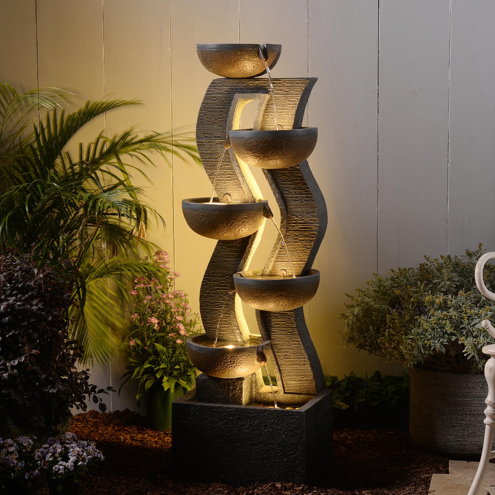 Bumilgar 2-Tier Bowl Water Fountain with LED Lights, 27.95" Tall Freestanding Outdoor & Indoor Garden Waterfall Fountain for Yard, Patio, Backyard, Floor Standing Home Decor