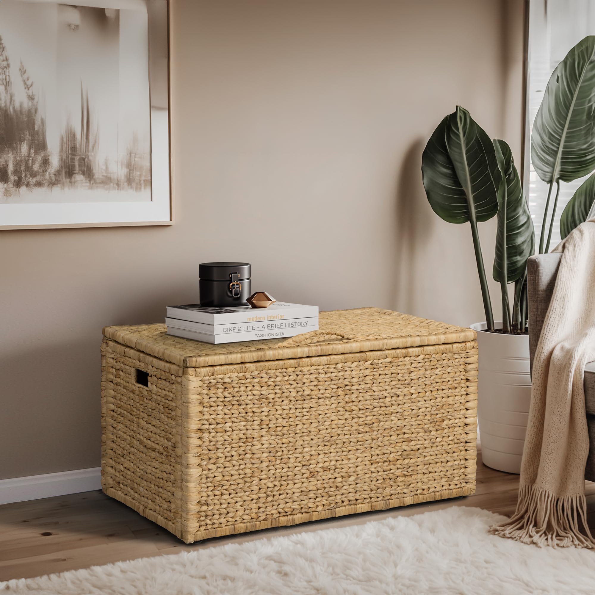 eHemco Heavy-duty Water Hyacinth Wicker Storage Trunk with Metal Frame, 30 by 17.5 by 17.5 Inches, Brown Wash