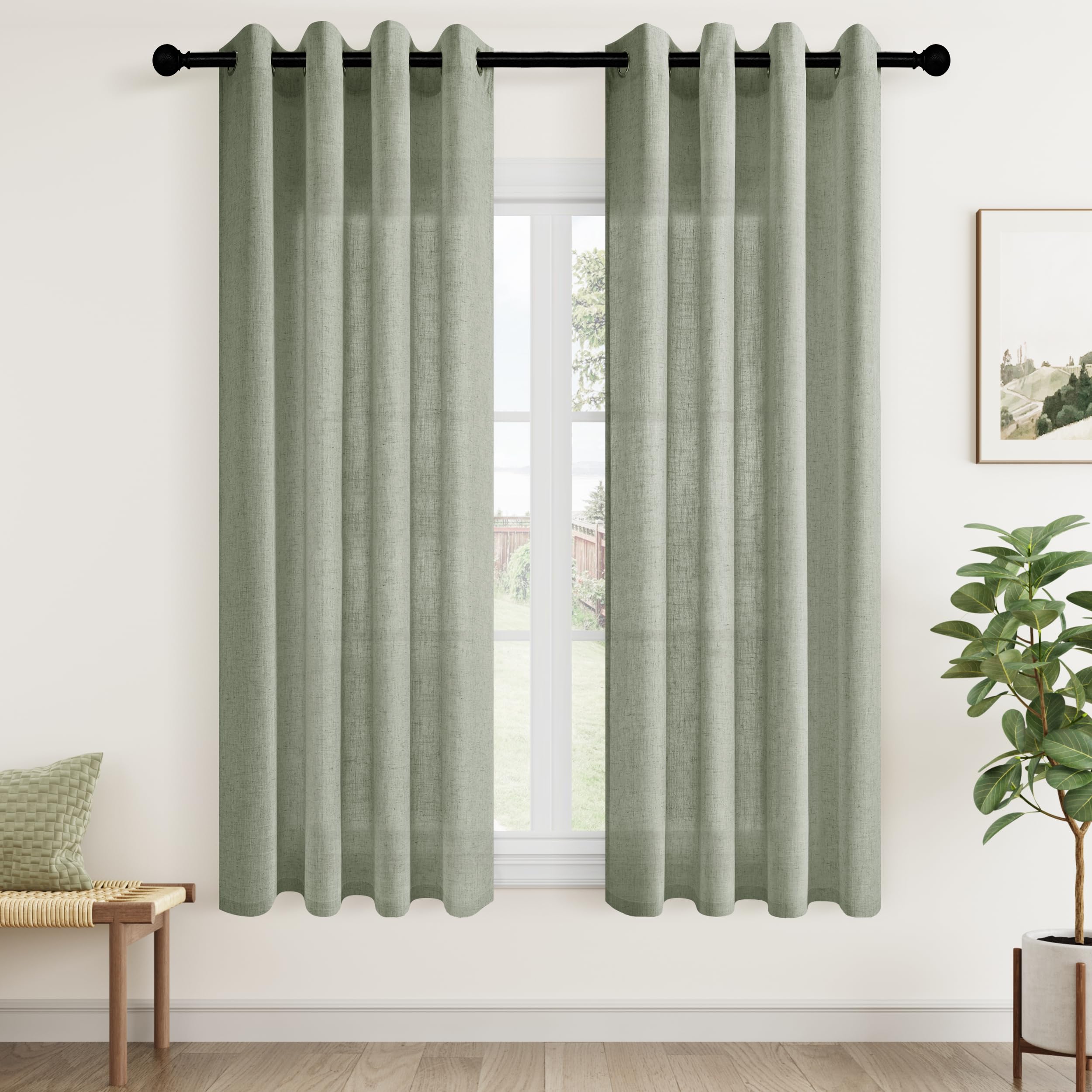 Aersas Black Bedroom Linen Curtains 63 Inch Length 2 Panel Privacy Energy Efficient Semi Sheer Black Linen Drapes for Living Room Modern Farmhouse Grommet Window Curtain for Nursery Office 52x63