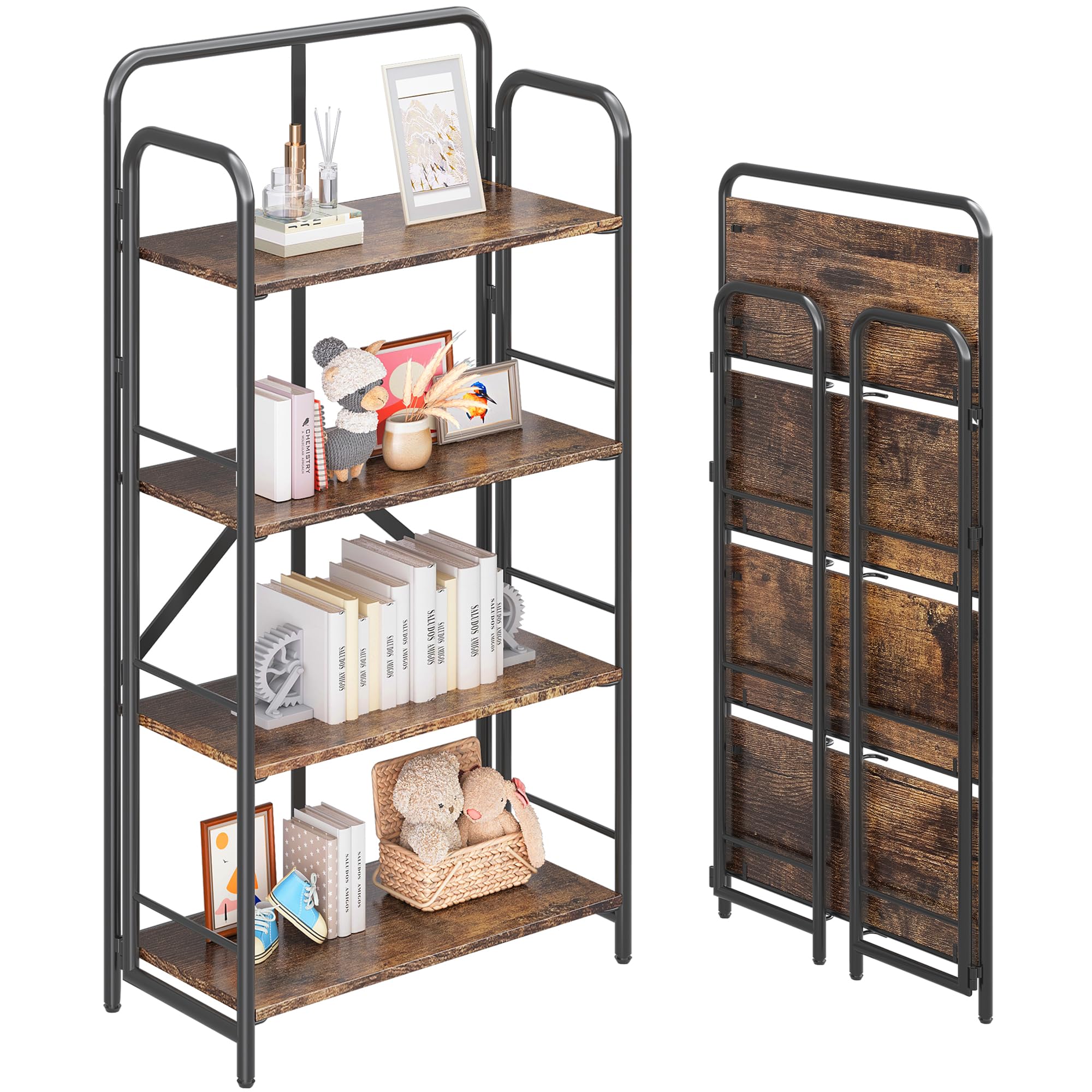 4NM No Assembly Folding Bookshelf, 3 Tiers Collapsible Book Shelves Open Industrial Foldable Storage Bookcase Shelf for Bedroom, Living Room, Home Office - Natural and White
