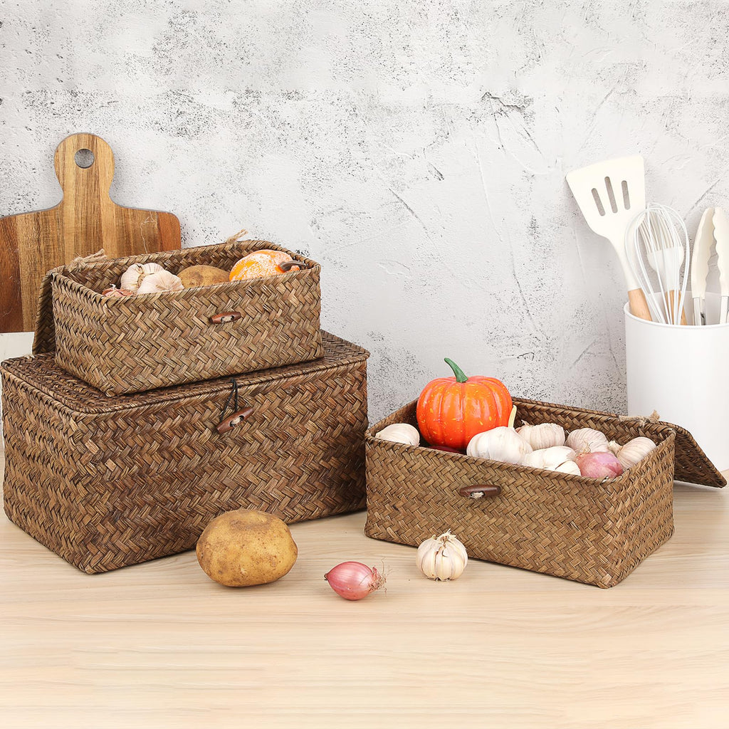 Sumnacon Wicker Basket with Lid Rectangle Woven Baskets for Toiletries Tampon Storage,Wicker Storage Basket with Lid,Decorative Seagrass Storage Baskets for Shelf Bathroom Toilet Table, Caramel