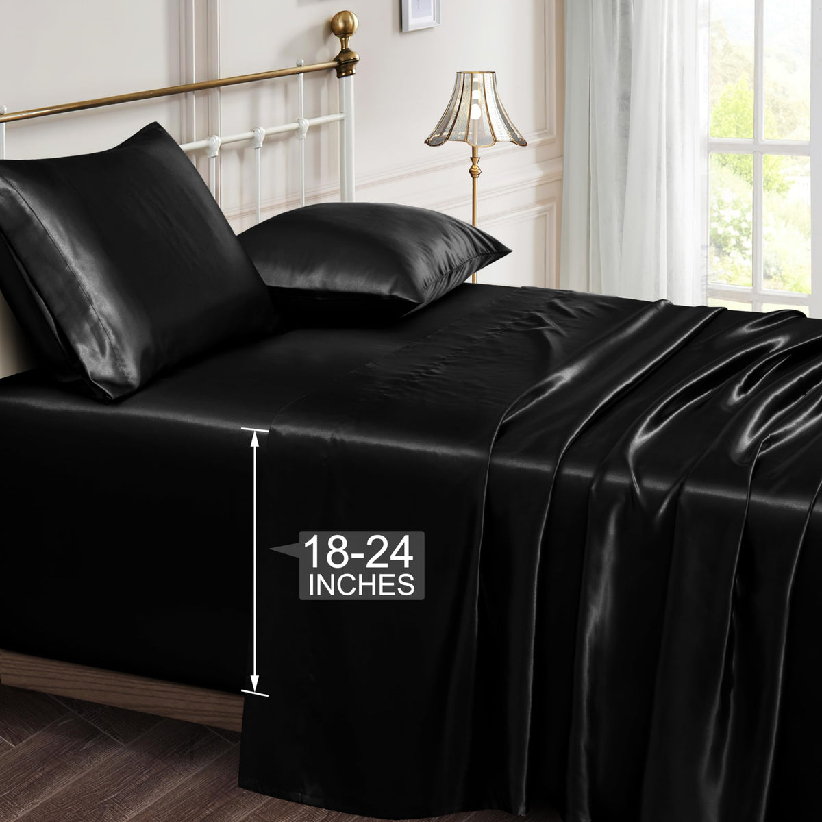 Vonty Extra Deep Pocket Full Sheet Sets - Cooling & Silky Satin Full Size Sheets with 18-24 Inch Deep Pocket, Black Satin Bed Sheets Fit Up to 24" Deep Mattress - 4 Piece Set