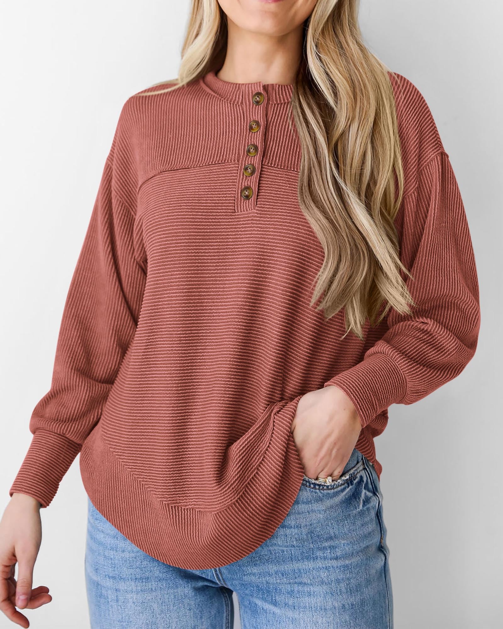KIRUNDO Going Out Tops for Women Henley Shirts 2025 Casual Ribbed Knit Long Sleeve Tunic Summer Fall Button V Neck Blouse