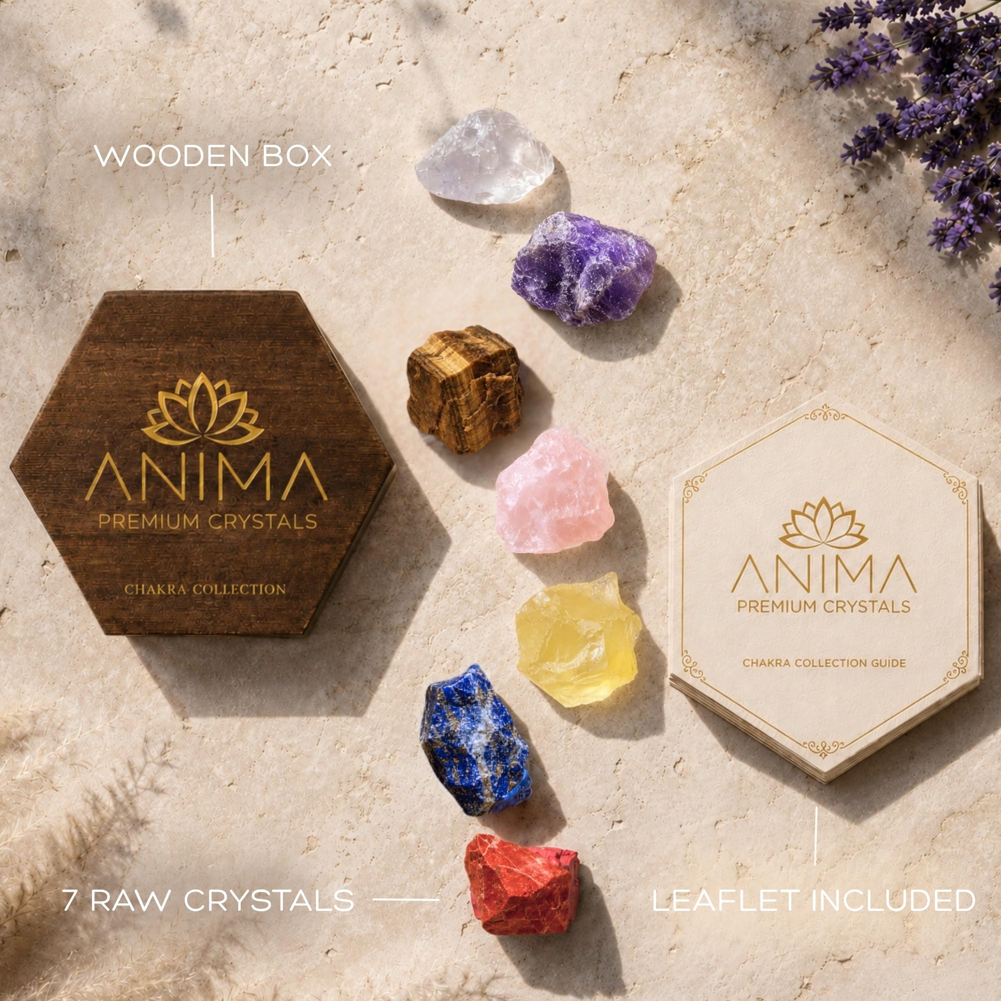 Anima Premium 7 Chakra Healing Crystals Set for Energy Alignment - Large Raw Amethyst, Rose Quartz, Citrine, Lapis Lazuli, Clear Quartz, Tigers Eye & Red Jasper - Wooden Gift Box & Guidebook Included