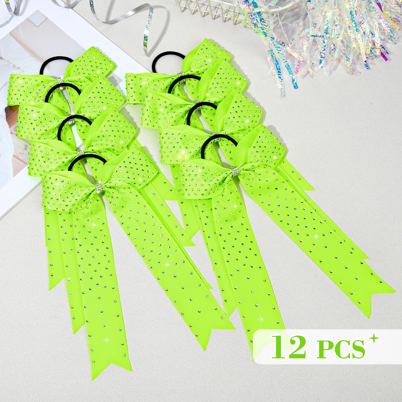 DEEKA 12 Count Collegiate Style Cheer Bows, Forest Green with Rhinestones, Handmade Bows for Girls Teens Cheerleader Sports