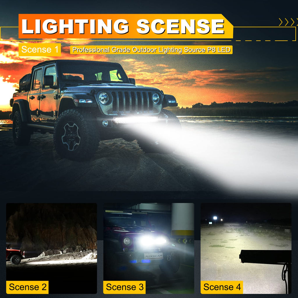 Auxbeam 12Inch Led Light Bar 100W 12000LM 5D Pro Lens Off Road Driving Light Spot Flood Combo Fog Light with 10FT Wiring Harness Kit (Professional Grade Outdoor Lighting Source P8 LED)