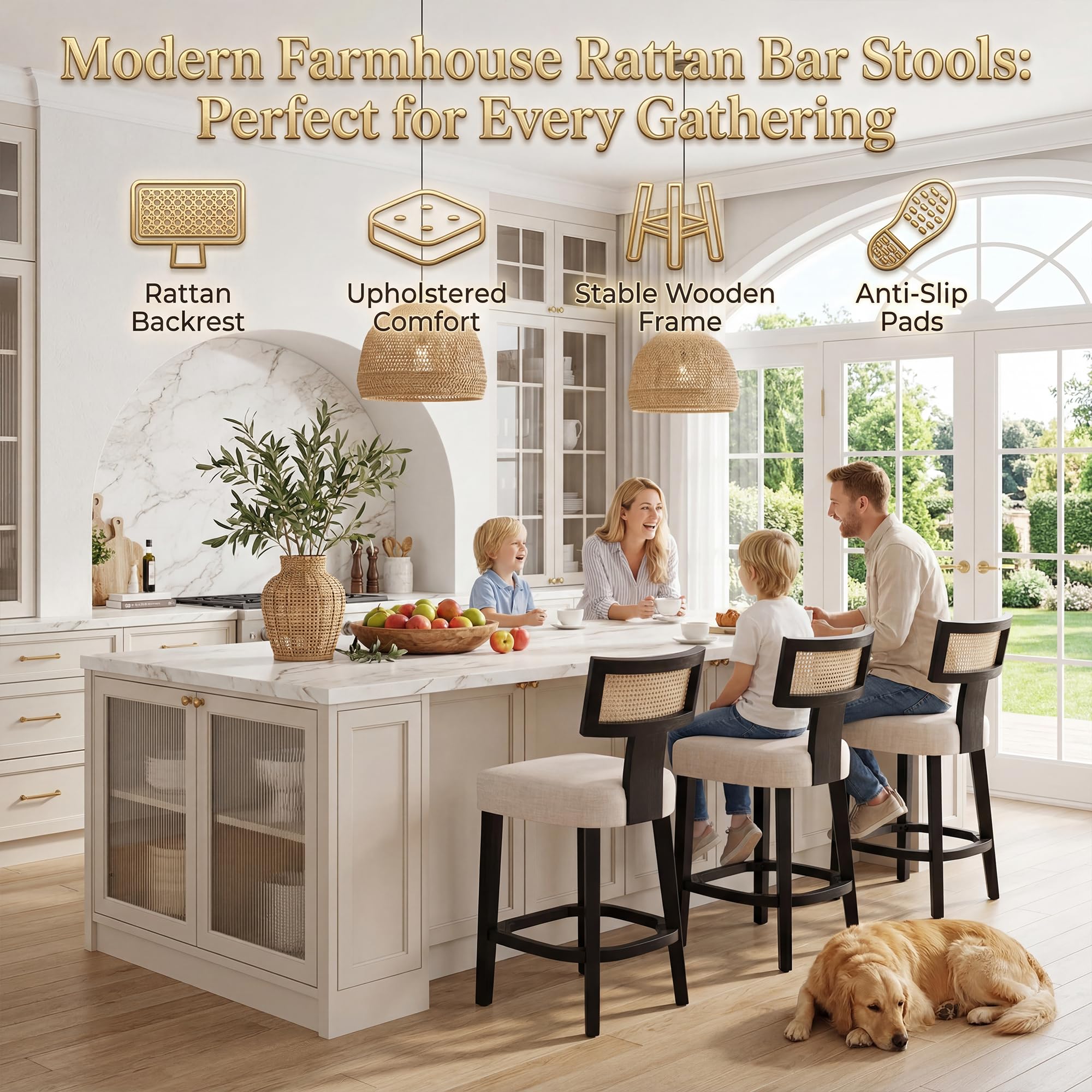Farmhouse 30'' Extra Tall Bar Stools Set of 2 Modern Counter Height Barstools with Backs Rustic Wood Bar Stools Linen Upholstered Counter Chairs Kitchen Island Stool Chairs with Wood Frame, Beige