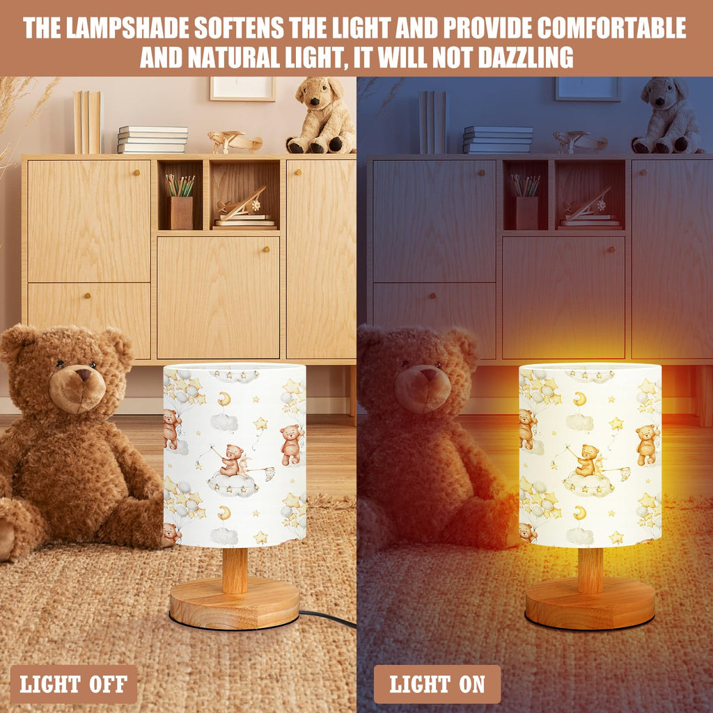 VIHOSE Woodland Animals Kids Table Lamp for Bedroom Kids Bedside Lamp with Linen Wooden Nightstand Cartoon Nursery Lampshade for Girls Boys Living Room
