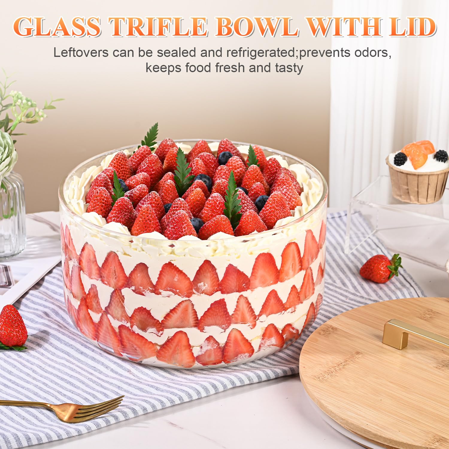 LOVYANXUE 9 inch Large Salad and Trifle Bowl Glass with Lid, 155 oz Versatile Mixing and Serving Dish for Fruit, Laying Ice Cream, Cake, Cupcake, Baking, and Dessert, Microwave Safe