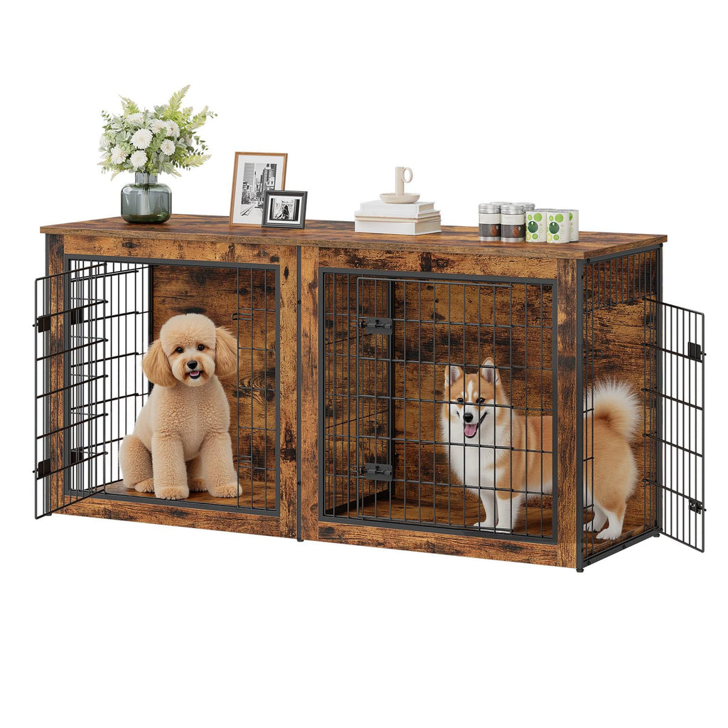 HOOBRO Dog Crate Furniture for 2 Dogs, 63" Large Double Dog Crate Furniture with Divider, Wooden Indoor Kennel TV Stand for Medium Large Dogs, Rustic Brown BF55GW03