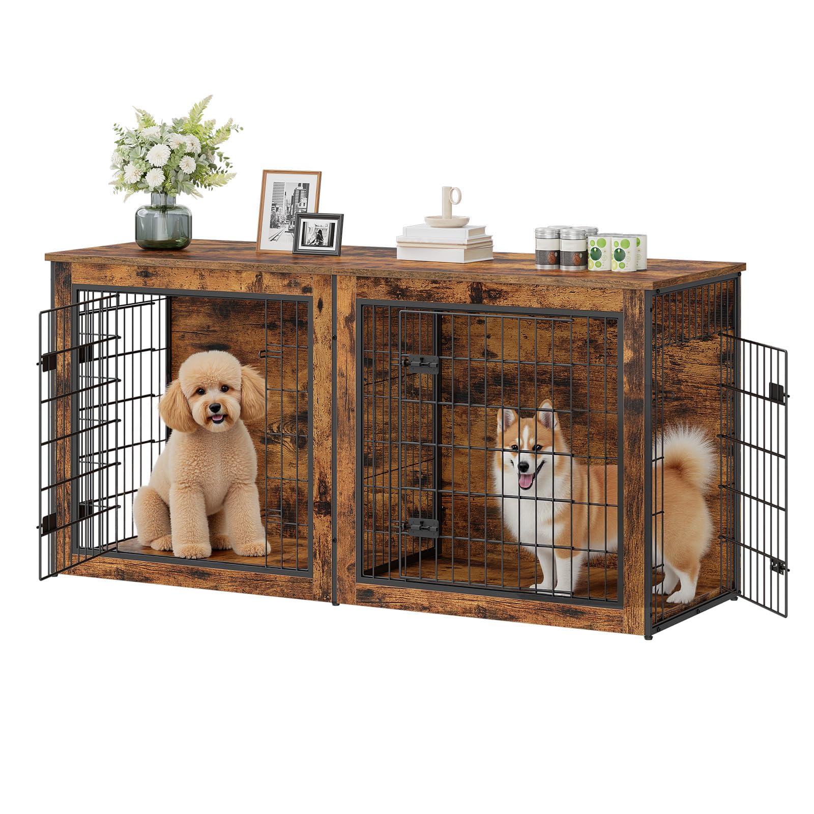 HOOBRO Dog Crate Furniture for 2 Dogs, 63" Large Double Dog Crate Furniture with Divider, Wooden Indoor Kennel TV Stand for Medium Large Dogs, Rustic Brown BF55GW03