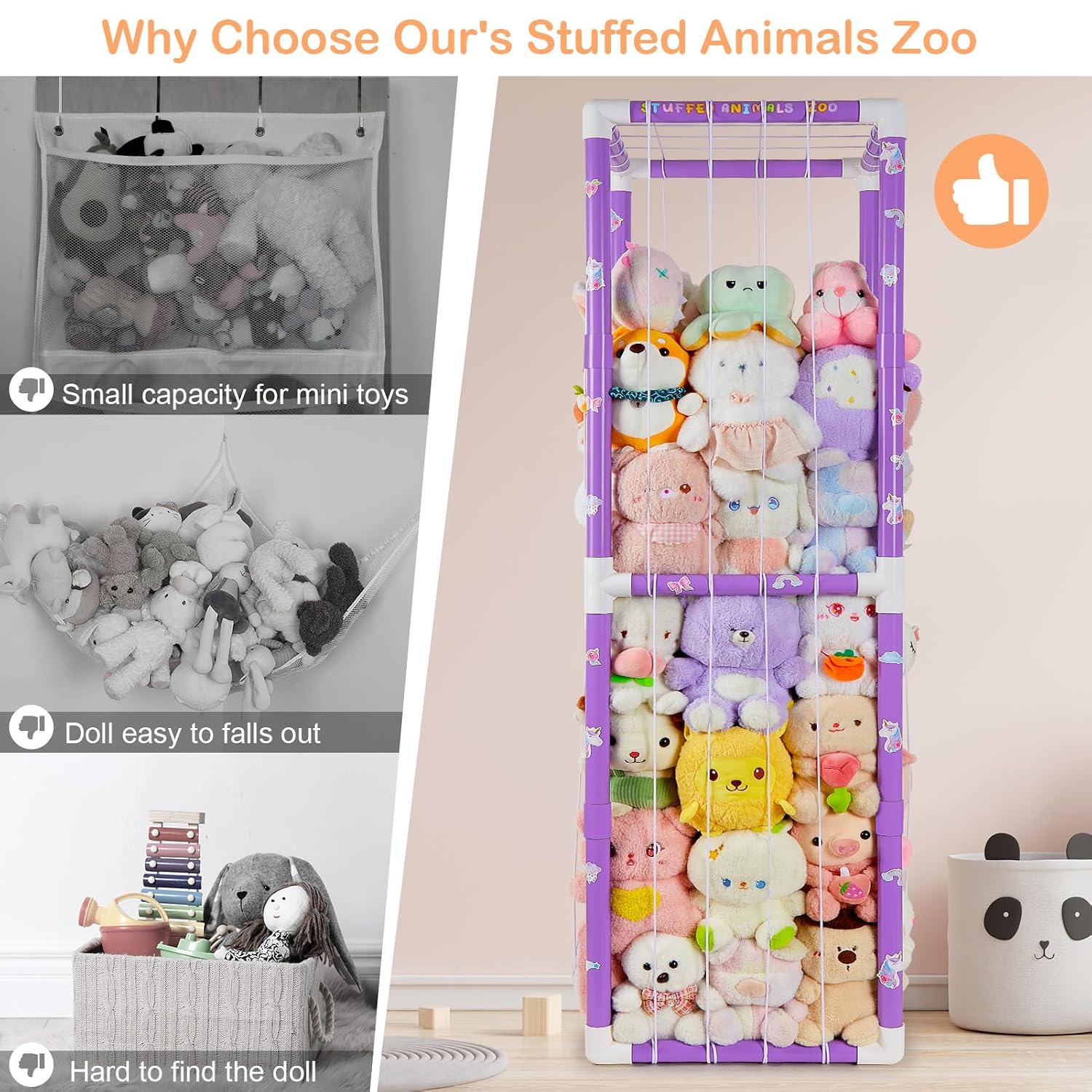 FIOBEE Stuffed Animals Storage Zoo Thicken PVC Tube Toy Organizer with Elastic Band Large Stuffed Animals Holder for Nursery Playroom Bedroom Room Furniture Plush Storage, Purple