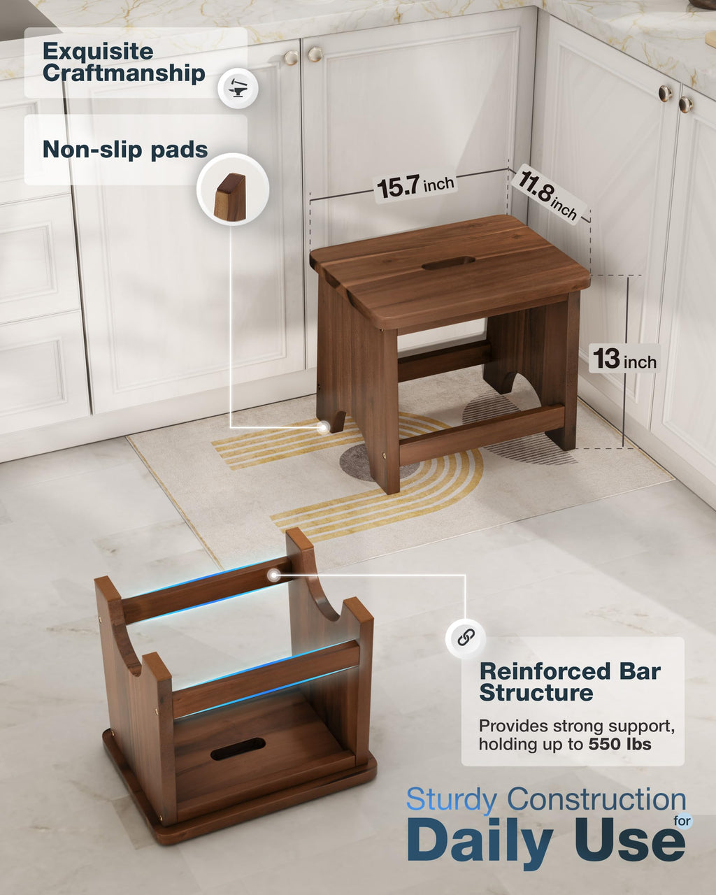 FANATU 13'' Wooden Step Stool, One Step Stool for Adults, Wooden Beside Step Stool with 550 Load Capacity (Acacia, 6.3 in – Metal Legs)