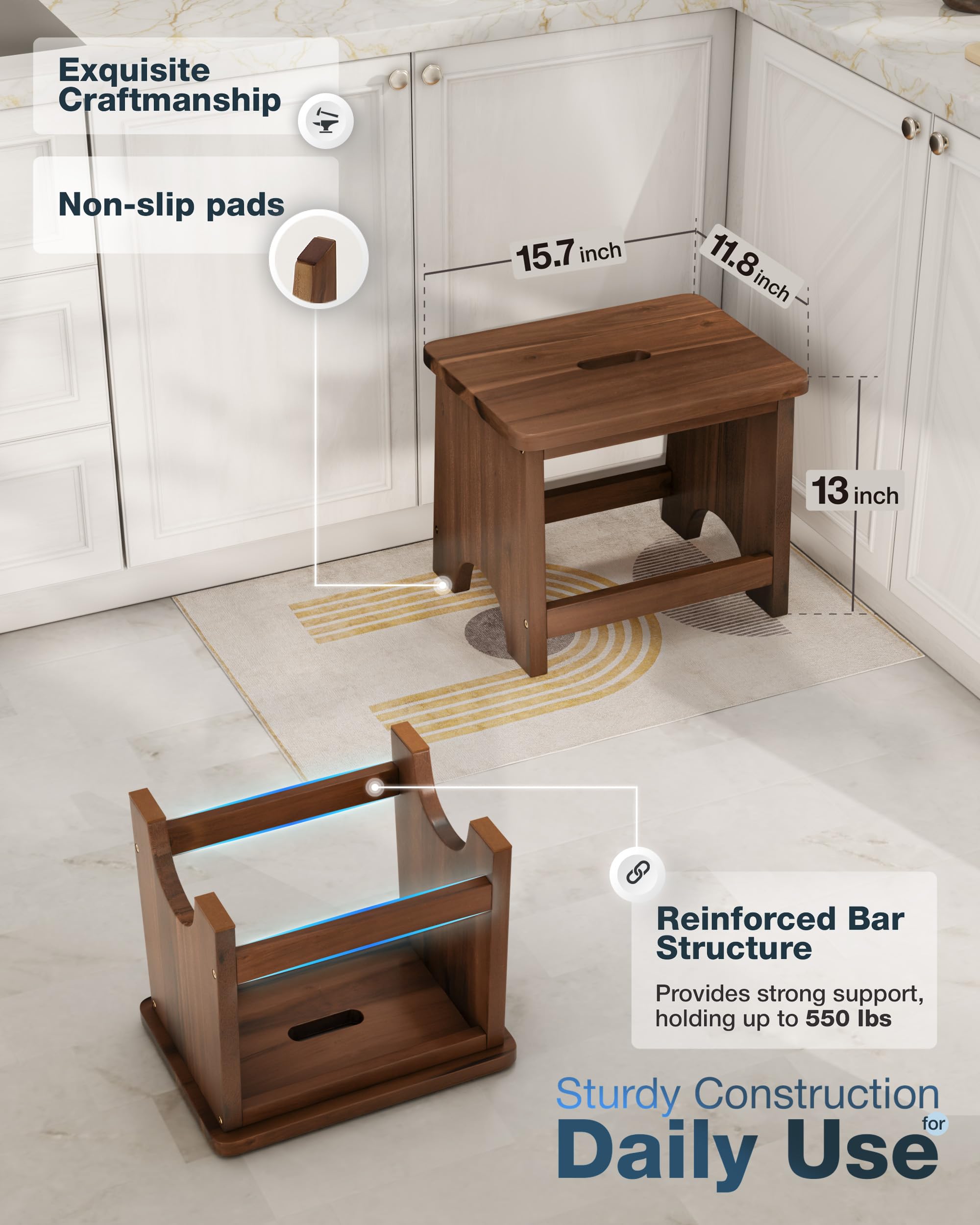 FANATU 13'' Wooden Step Stool, One Step Stool for Adults, Wooden Beside Step Stool with 550 Load Capacity (Acacia, 6.3 in – Metal Legs)
