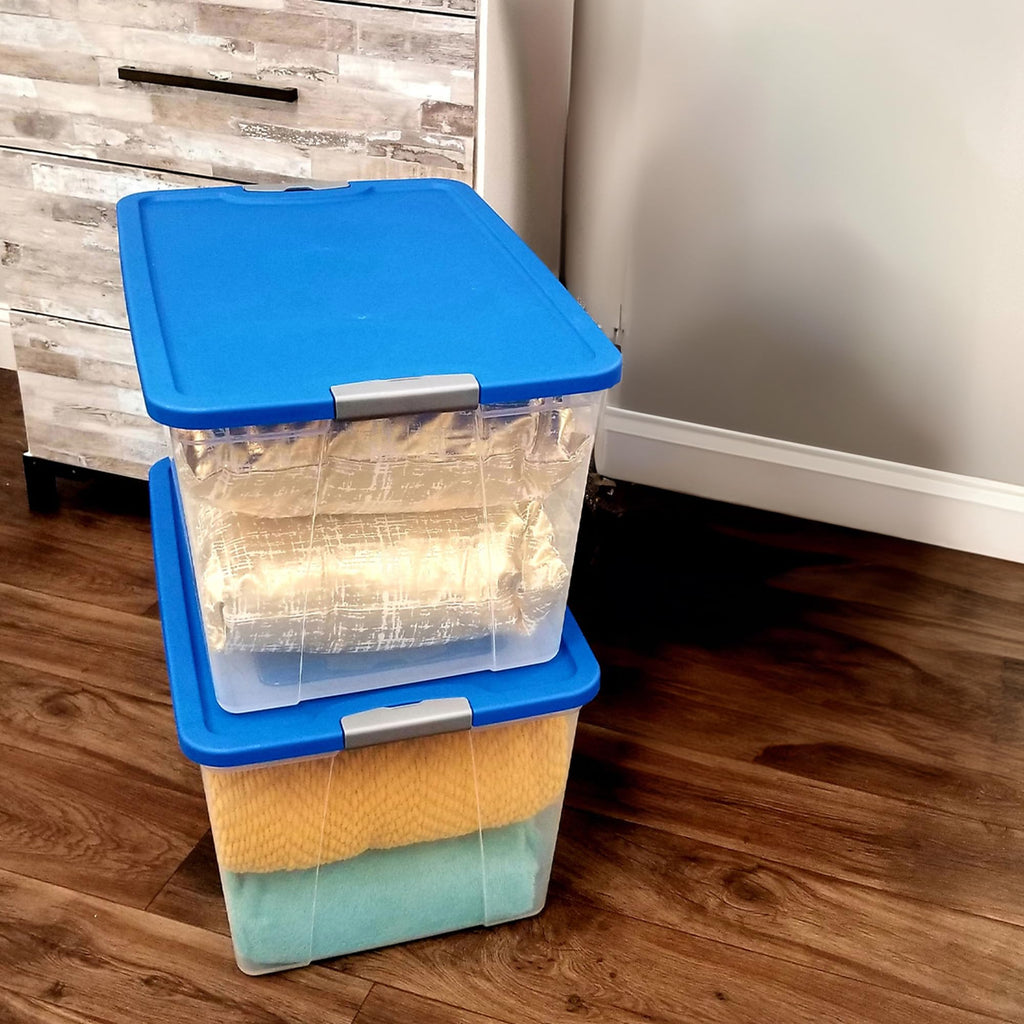 HOMZ 4-Pack Secure Latch, Clear Plastic Storage Organizer Bins, 15 Quart, Gray Lid - Stackable Container Boxes for Bedroom, Bathroom, Garage, and Office Organization