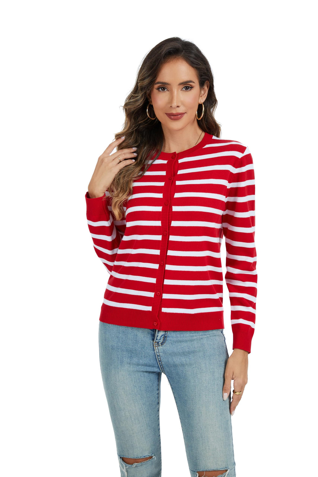 CUNYI Women's Crew Neck Cardigan Long Sleeve Sweater for Women Button Down Soft Knit Ladies Cardigan Sweates Coat