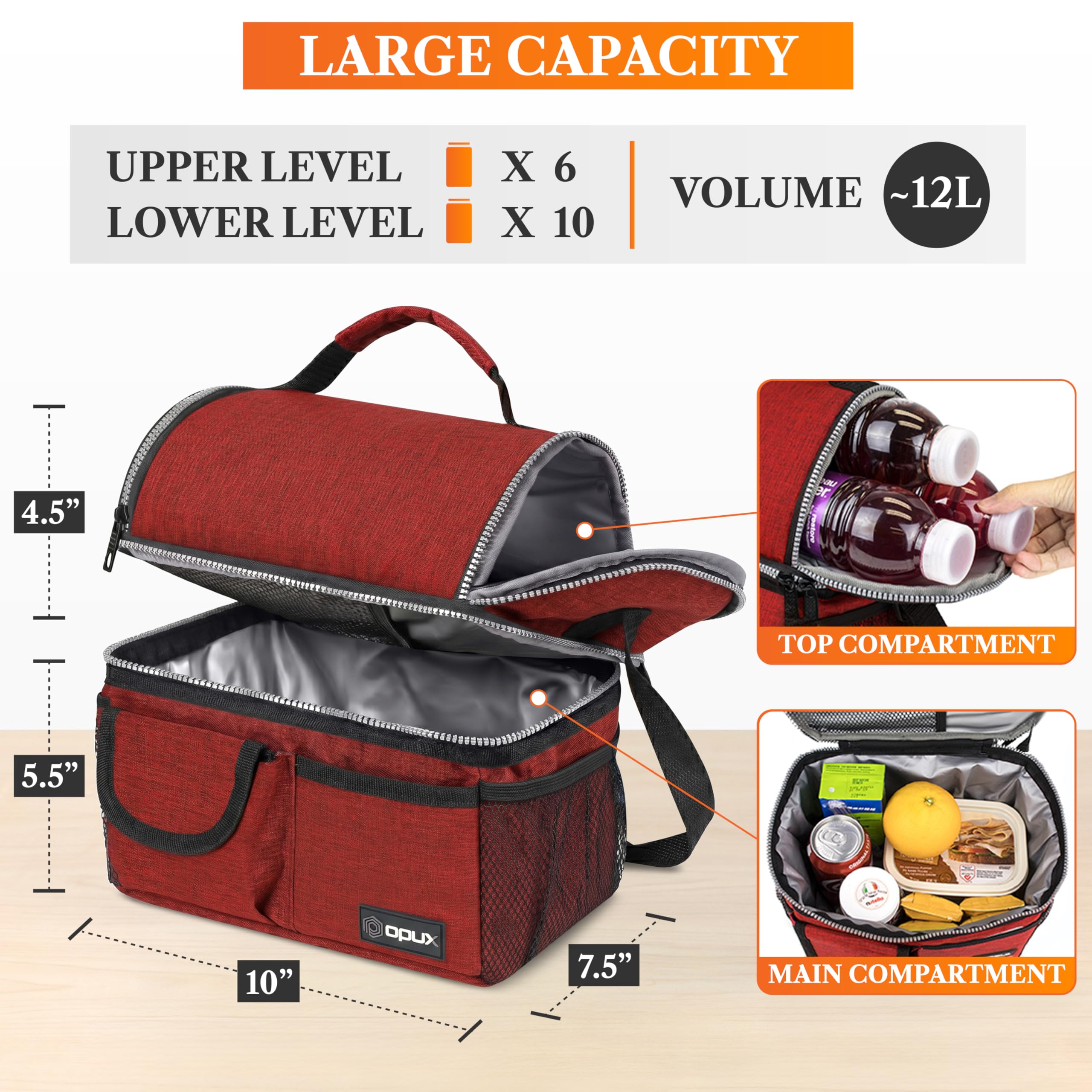 opux Insulated Lunch Bag Women Men, Dual Compartment Leakproof Lunch Box Adults Kids, Double Decker Meal Prep Bento Lunch Cooler Tote with Shoulder Strap for Work Office School Travel, Black