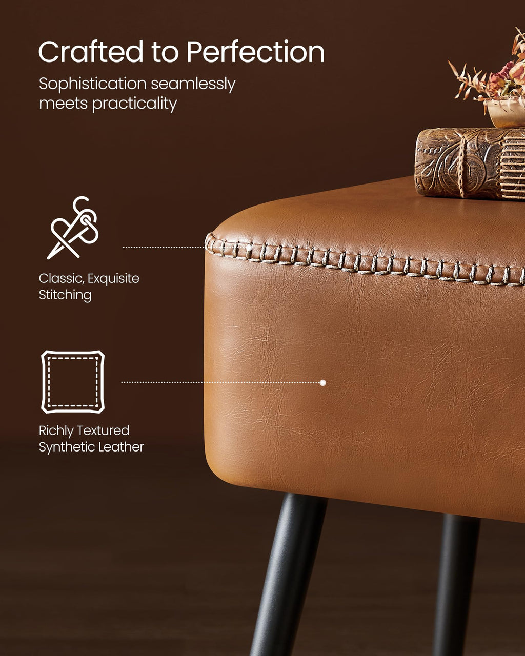 VASAGLE EKHO Collection - Storage Ottoman Bench, Entryway Bedroom Bench, 15 Gallons, Synthetic Leather with Stitching, Mid-Century Modern, Safety Hinges, Loads 660 lb, Caramel Brown ULOM074K01