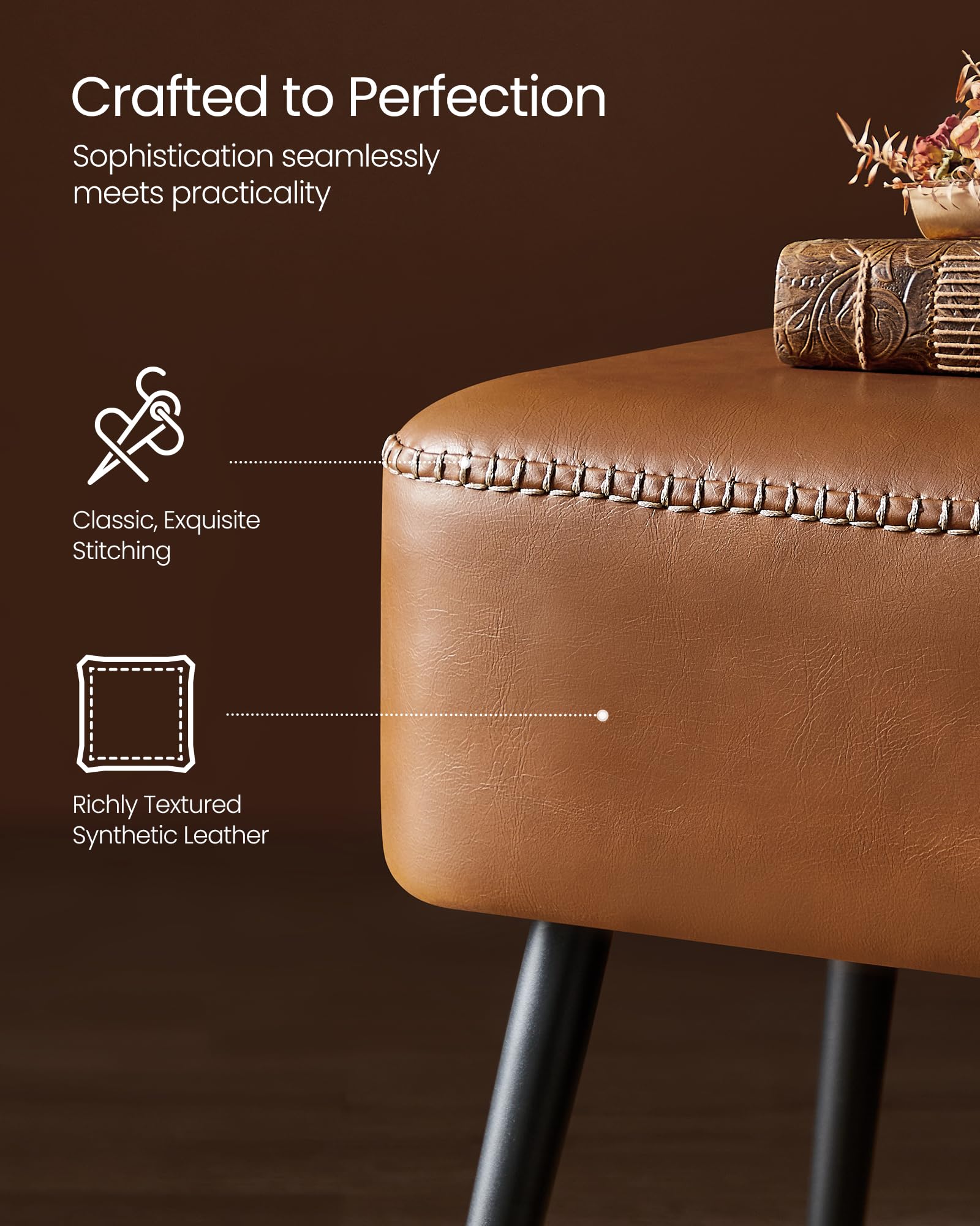 VASAGLE EKHO Collection - Storage Ottoman Bench, Entryway Bedroom Bench, 15 Gallons, Synthetic Leather with Stitching, Mid-Century Modern, Safety Hinges, Loads 660 lb, Caramel Brown ULOM074K01