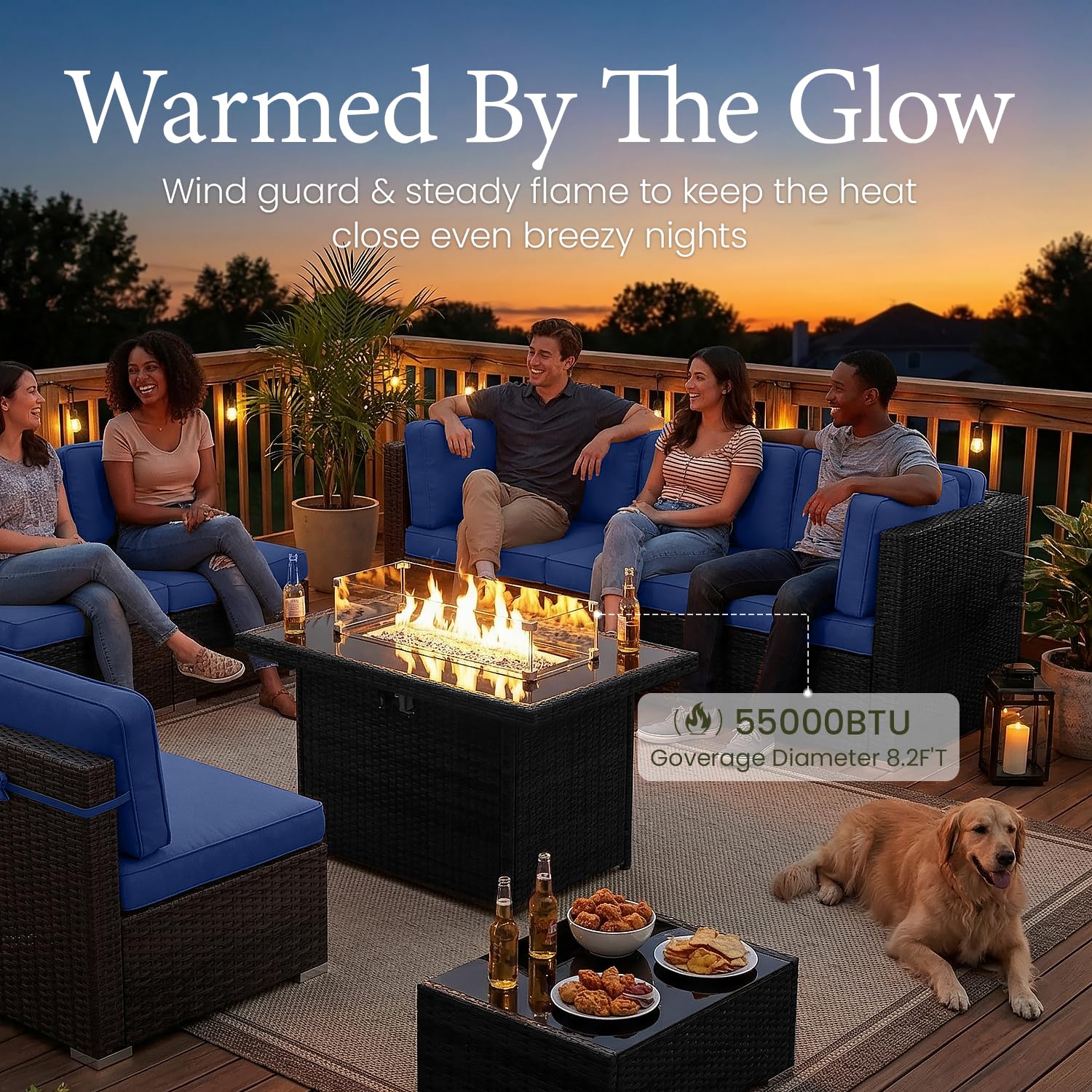 LayinSun 7 Pieces Outdoor Patio Furniture Set with 44" Fire Pit Table Rattan Sectional Sofa Conversation Sets