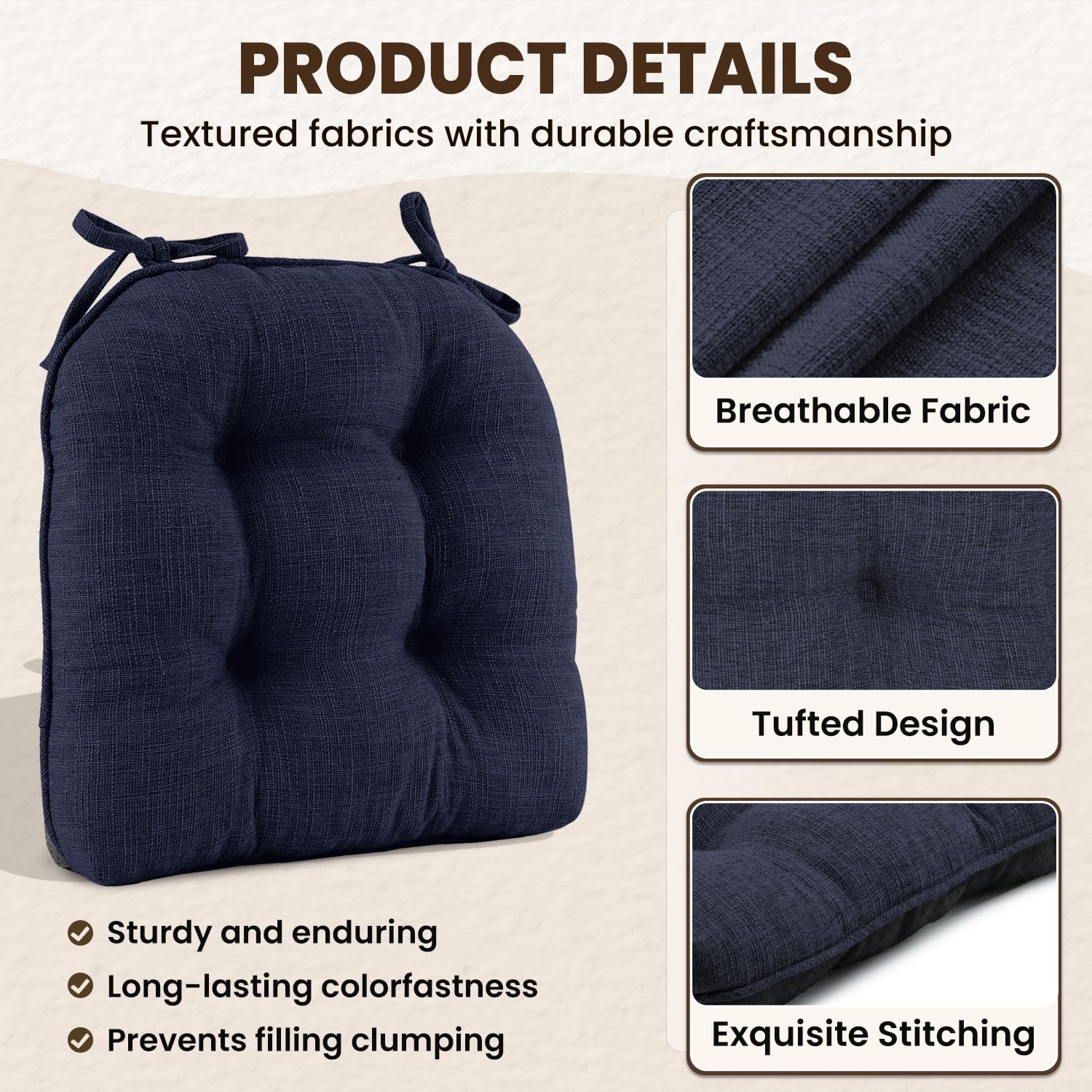 downluxe Indoor Chair Cushions for Dining Chairs, Tufted Overstuffed Textured Kitchen Chair Pads with Ties and Non-Slip Backing, 15.5" x 15.5" x 4", Aqua Blue, 4 Pack