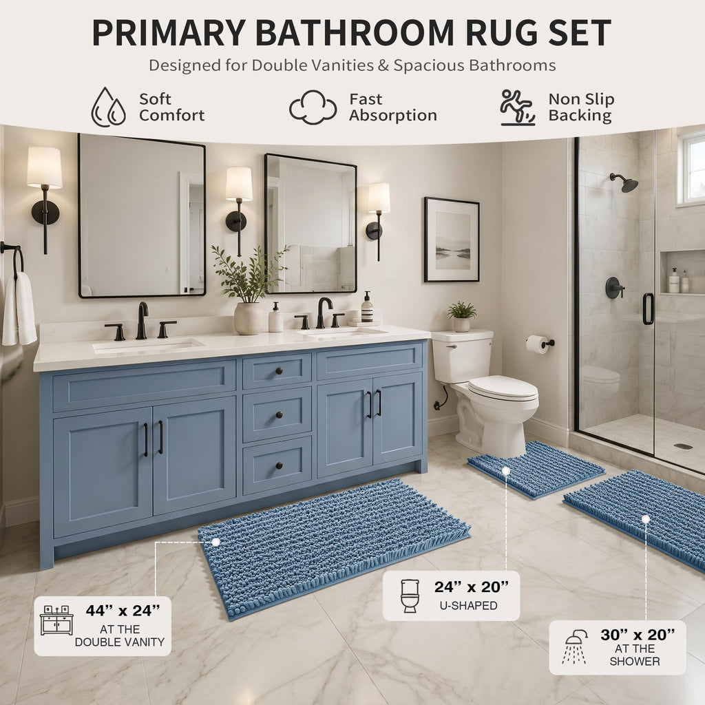 Yimobra Black Bathroom Rug Set 3 Piece - Super Absorbent Quick Dry Chenille Bath Mats & Toilet Rug, Non Slip Machine Washable, Extra Thick Shaggy Floor Mat for Shower Tub Sink