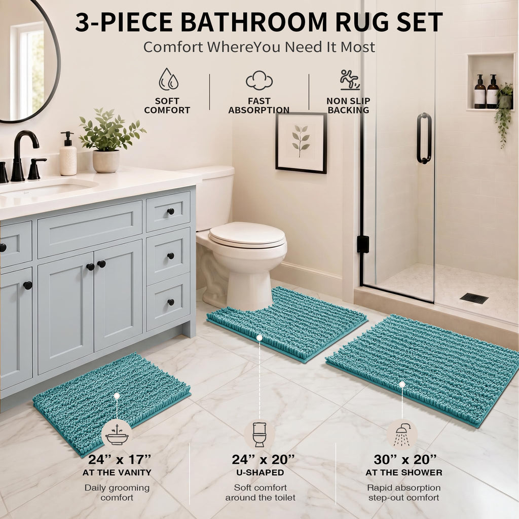 Yimobra Black Bathroom Rug Set 3 Piece - Super Absorbent Quick Dry Chenille Bath Mats & Toilet Rug, Non Slip Machine Washable, Extra Thick Shaggy Floor Mat for Shower Tub Sink