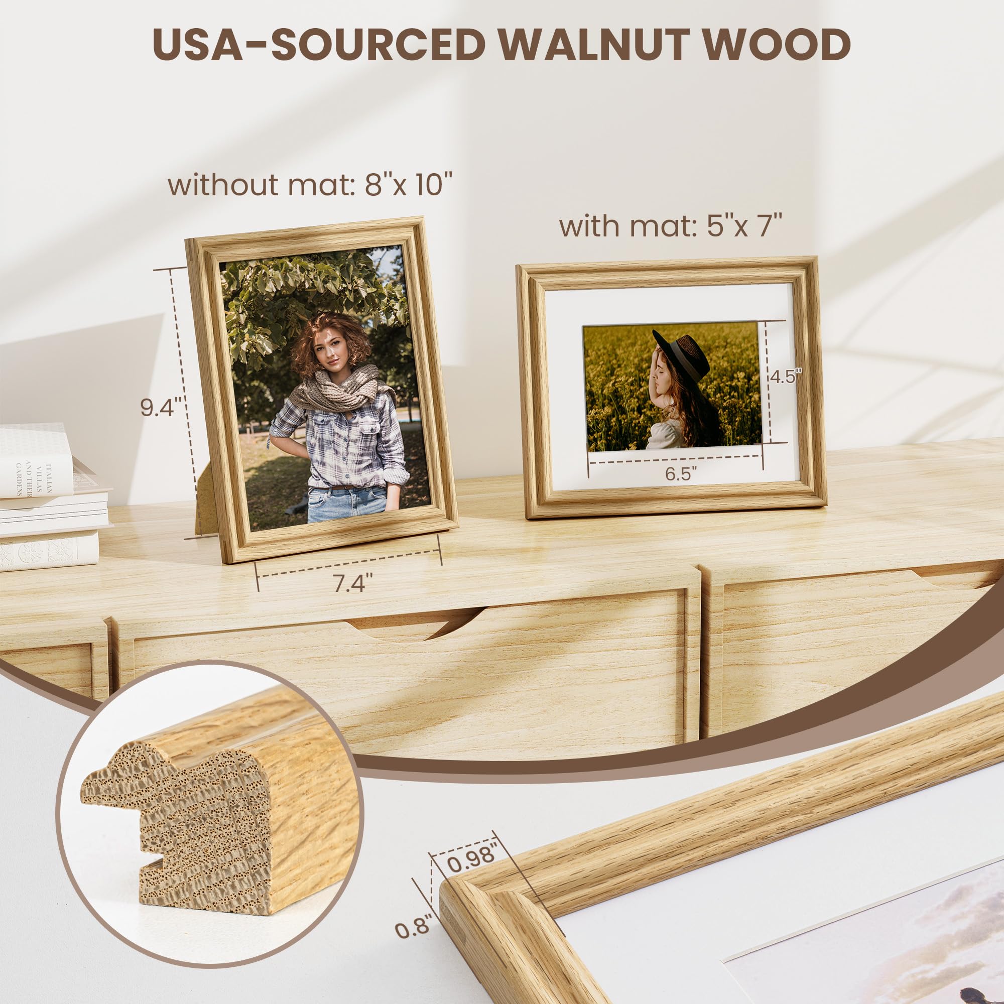 Fun Memories 5x7 Picture Frame with Mat for 4x6 Photo, Solid Elm Wood & Tempered Glass, Rustic Wall & Tabletop Display Frame, Grey, 1 Pack