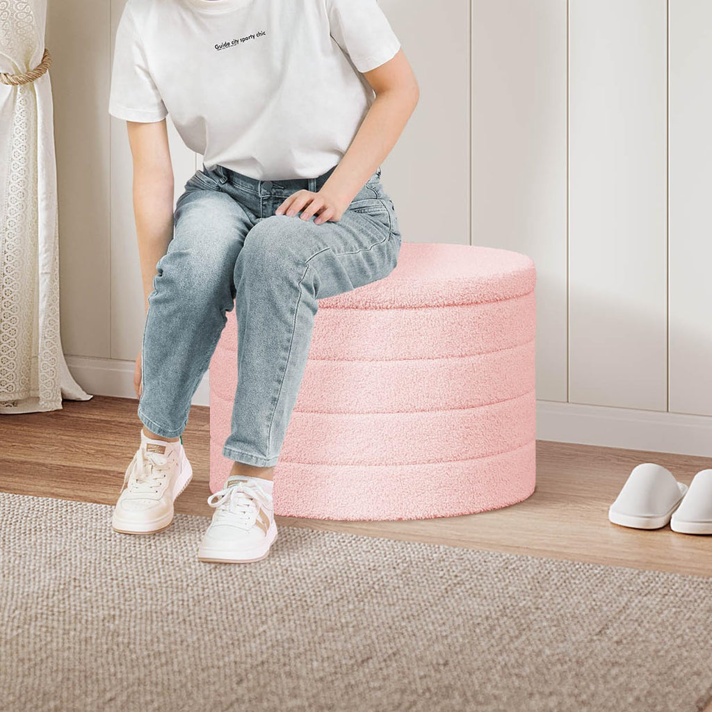PINPLUS Round Storage Ottoman Foot Rest Stool with Tray Velvet Sherpa Folding Storage Ottoman,Boucle Foot Rest for Living Room, Bedroom, Dorm（Beige）