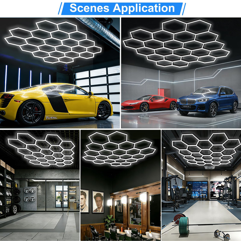 LZHOME LED Hexagon Garage Light: 12700LM Car Detailing Shop Light, DIY Splicing Ceiling & Wall Decor Lights, for Workshop Basement Gym Warehouse Bar Gaming Room