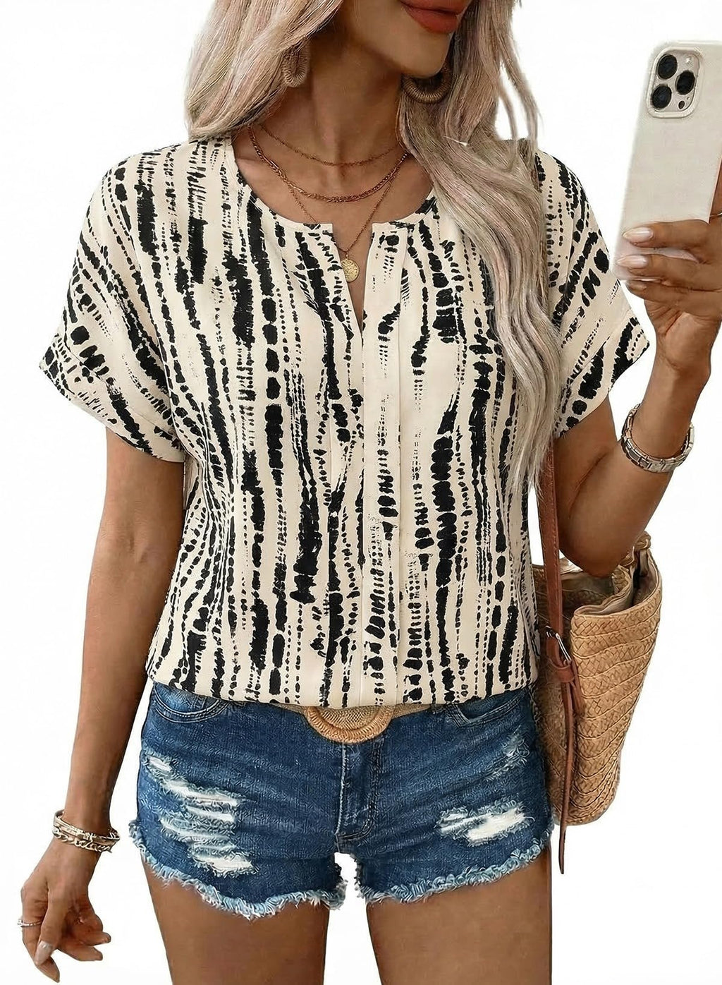 SHEWIN Women's Casual V Neck Floral Print Chiffon Blouses 3/4 Sleeve Boho Summer Tops Shirts