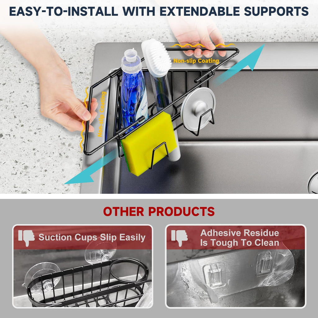 NiHome Extendable Arm Stainless Steel Kitchen Sink Corner Caddy, Easy Install Space-Saving Adjustable Sponge Holder, Non-Slip Rust-Resistant for Brushes, Soap, Sponges (Black)
