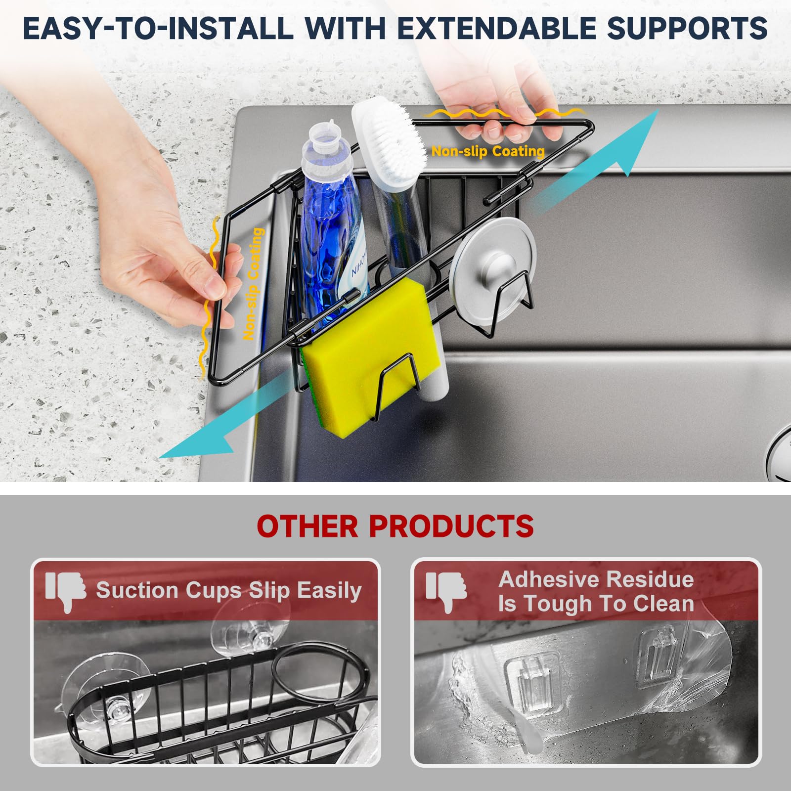 NiHome Extendable Arm Stainless Steel Kitchen Sink Corner Caddy, Easy Install Space-Saving Adjustable Sponge Holder, Non-Slip Rust-Resistant for Brushes, Soap, Sponges (Black)