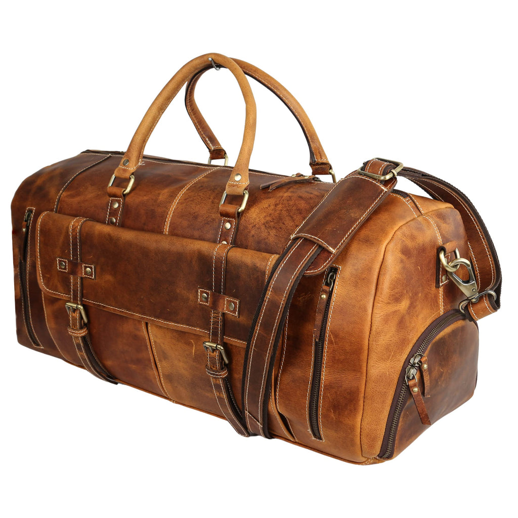 KomalC Leather Duffle Bags for Men and Women Travel Overnight Weekend sports bag holdall Gym Duffel for Men (Dark Tan, 20 Inch)
