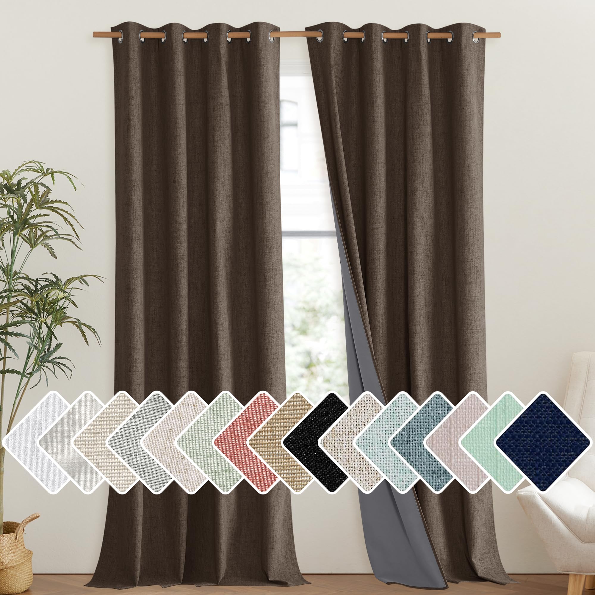 NICETOWN Linen Blackout Curtains for Kitchen, Beige, 2 Panels, 34" Wide x 48" Long, Short Kitchen Burlap Linen 100% Blackout Drape Panels for Night Shift, Great Job for Blocking Light
