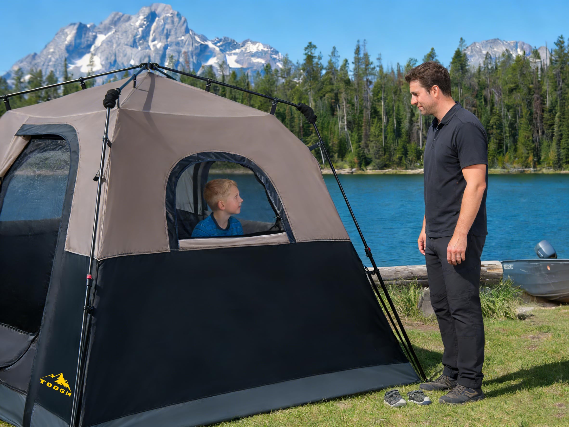 3/4 Person Camping Tent with 1 Door, 4 Windows, and Upgraded Ventilation– Instant Setup, Waterproof, 8'x 8'x 67''Oxford Fabric Floor Pop Up in 60 Seconds Includes Rainfly and Backpack