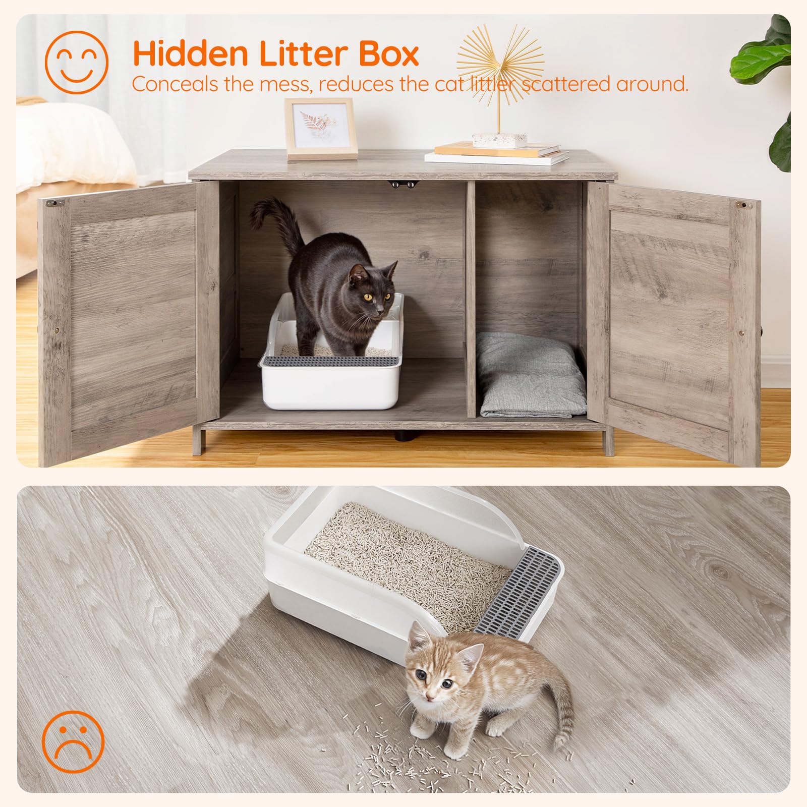 HOOBRO Litter Box Enclosure, Cat Litter Box Furniture with Removable Divider, Large Hidden Litter Box Furniture, Wooden Cat House, End Side Table, 31" L x 17.5" W x 19.7" H, Greige BG03MW01G2